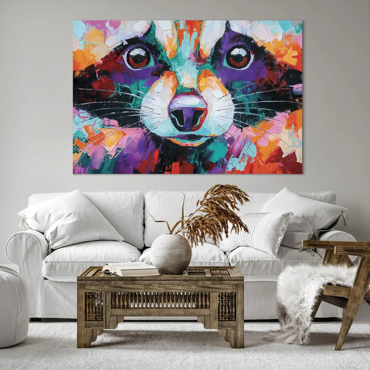 Cuadro sobre lienzo - Impresión de Imagen - Un retrato colorido de un mapache en el estilo de pintura expresiva. - 120x80cm - Solo buenas emociones - Decoración de pared moderna para salón y dormitorio ARTTOR