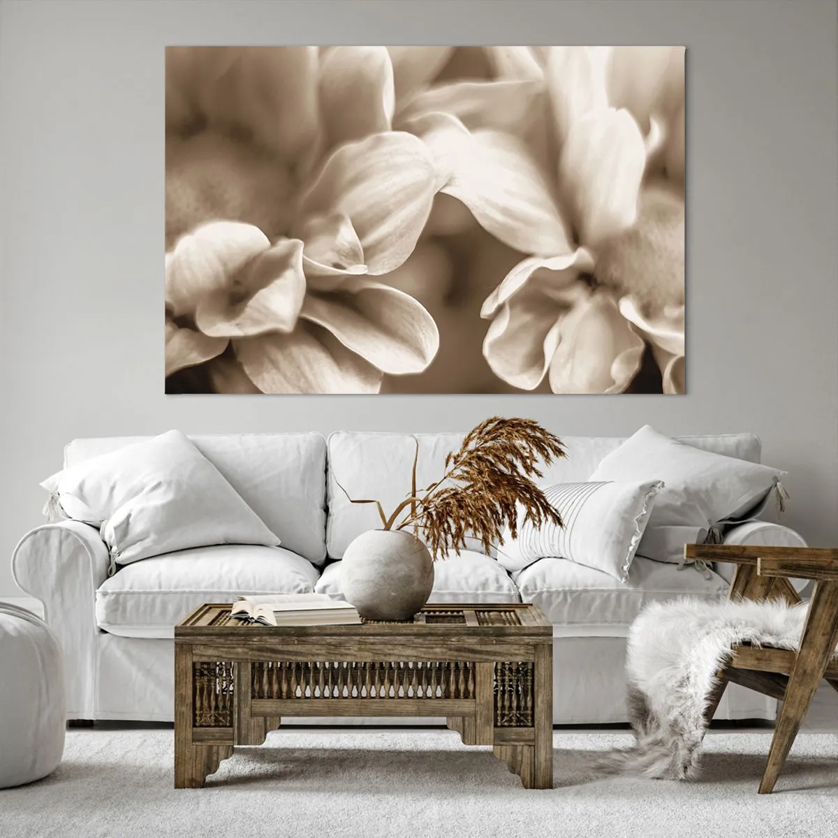 Impression sur toile - Image sur toile - Gros plan de fleurs dans un ton sépia délicat avec des contours doux - 120x80cm - Doux comme un sourire - Décoration murale moderne pour le salon et la chambre ARTTOR