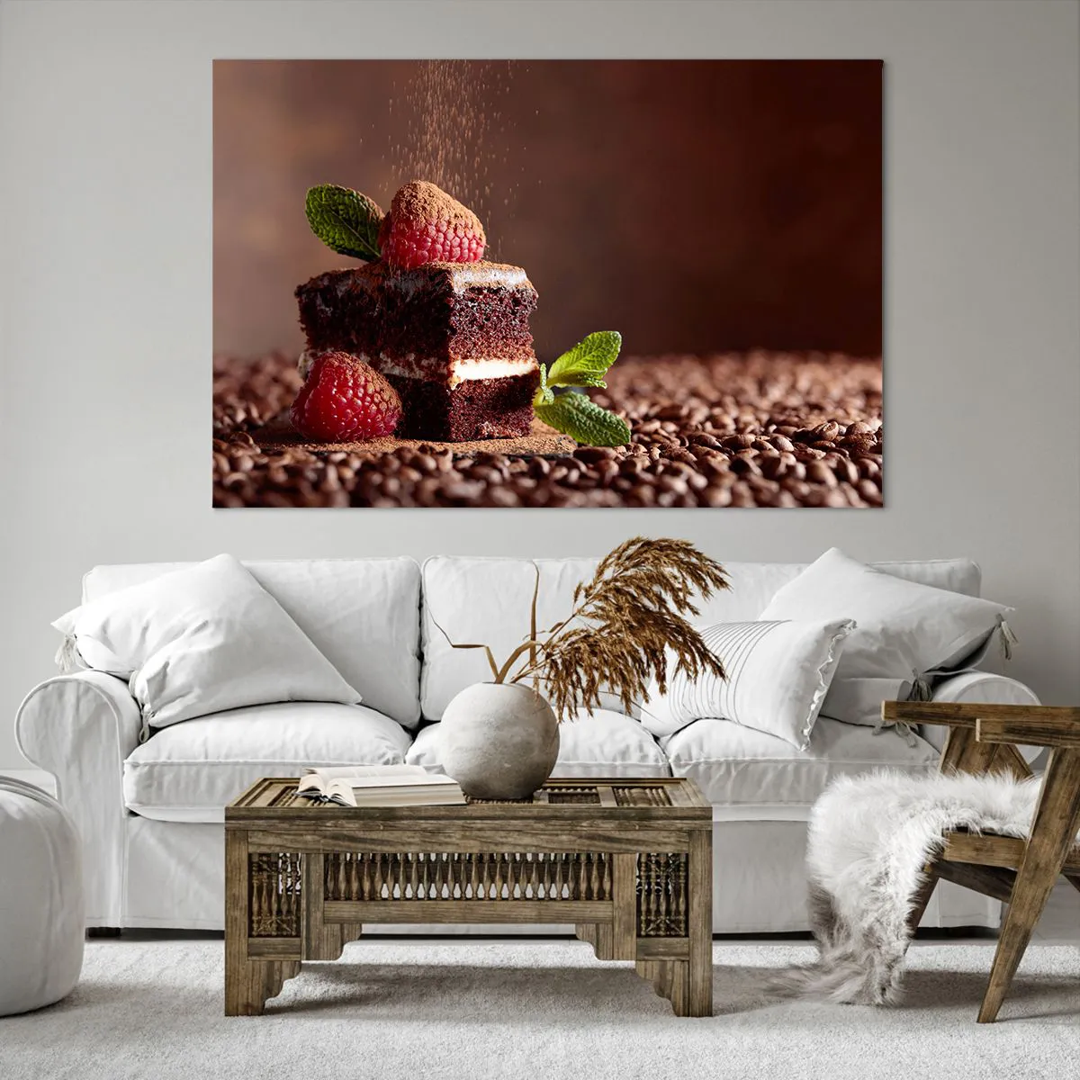 Obraz na płótnie - Czekoladowe ciasto z malinami i miętą na tle ziaren kakao - 120x80cm - Życie jest słodkie - Nowoczesna dekoracja ścienna do salonu, kuchni i sypialni ARTTOR