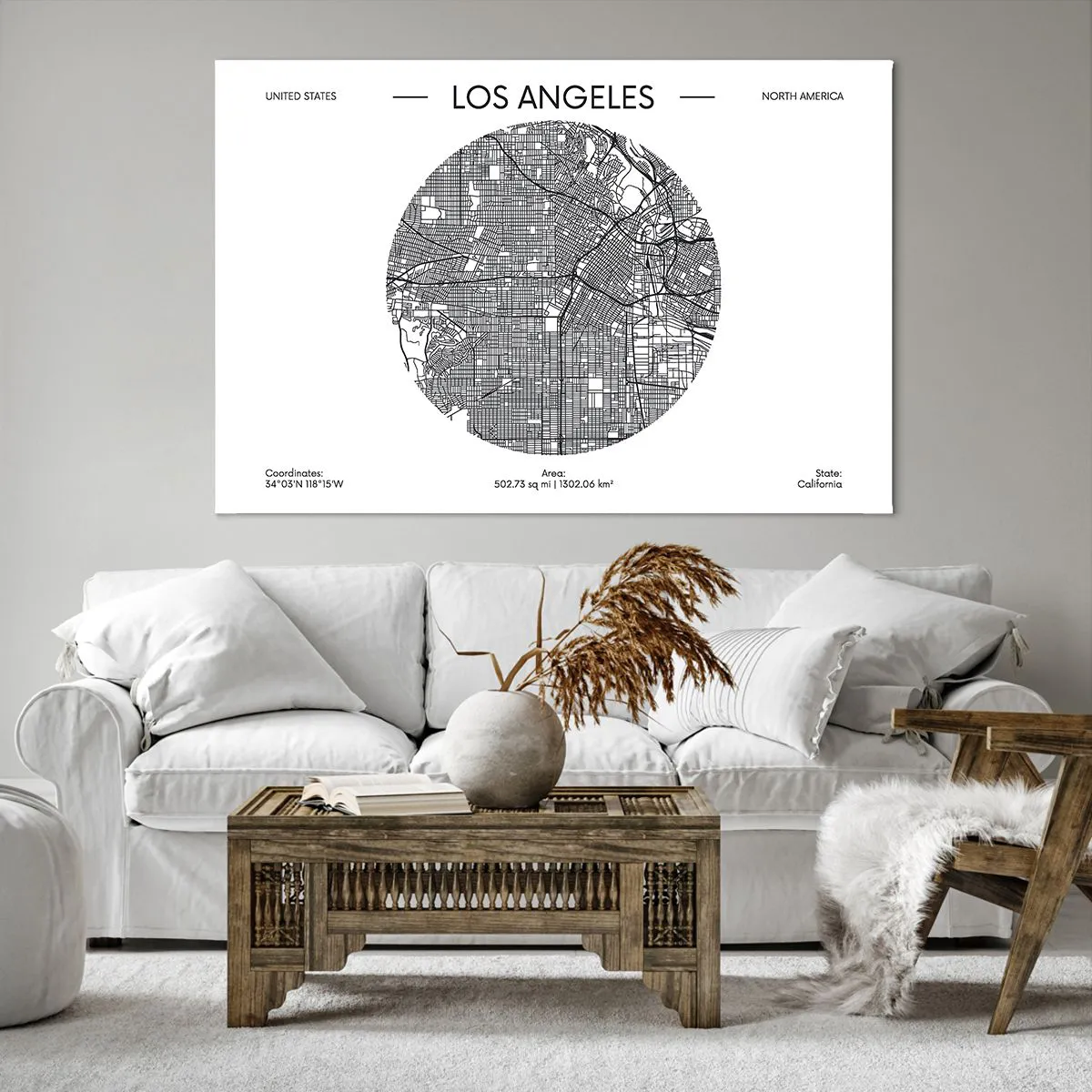 Cuadro sobre lienzo - Impresión de Imagen - Un mapa de Los Ángeles en un estilo minimalista en blanco y negro. - 120x80cm - Anatomía de Los Ángeles - Decoración de pared moderna para salón y dormitorio ARTTOR
