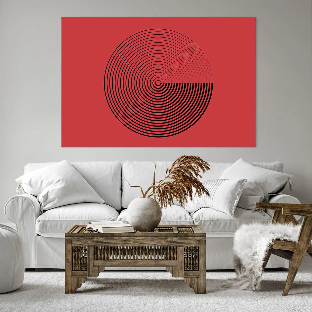 Impression sur toile - Image sur toile - Cercles concentriques sur fond rouge - 120x80cm - Mouvement circulaire - Décoration murale moderne pour le salon et la chambre ARTTOR