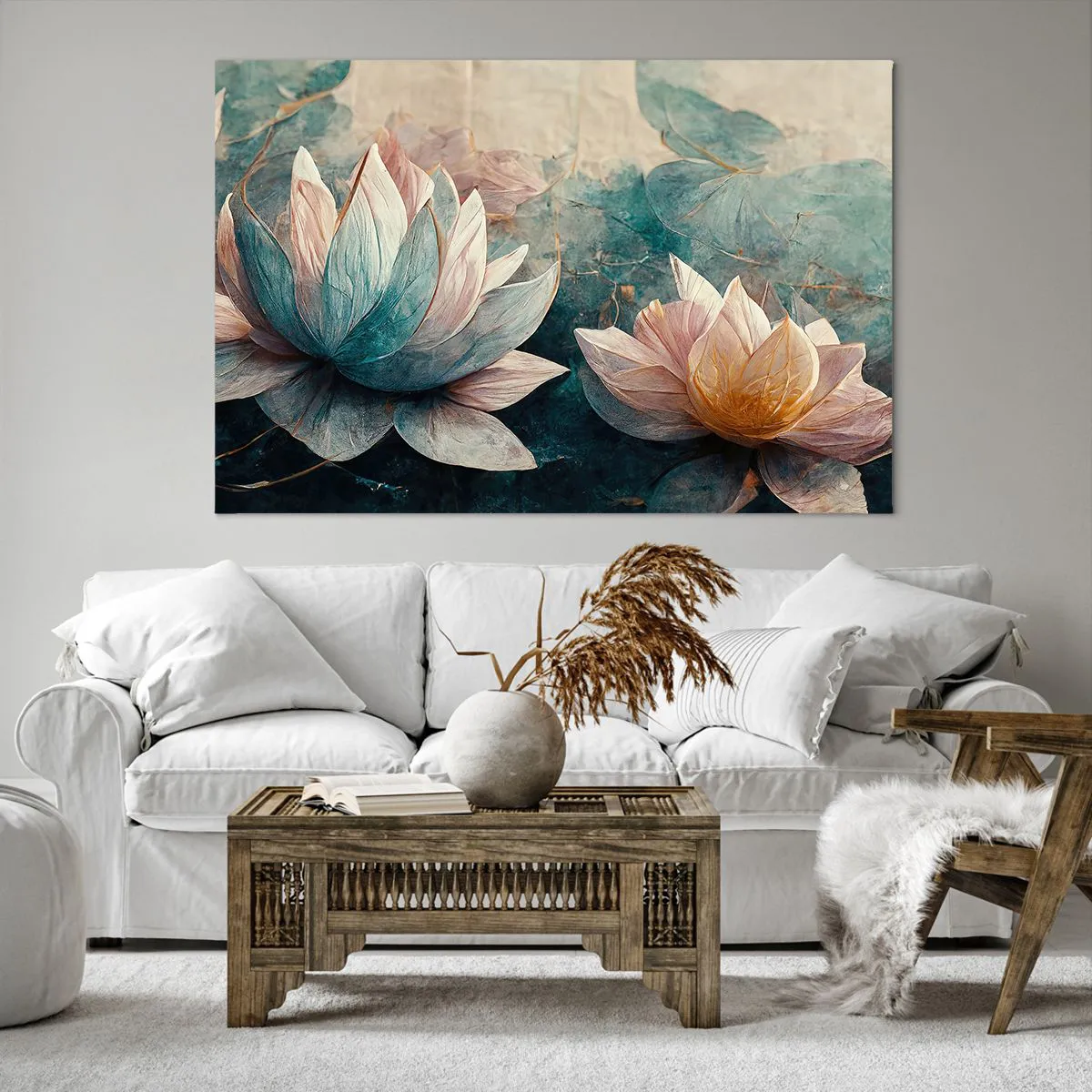 Obraz na płótnie - Subtelne lilie wodne w pastelowych odcieniach błękitu i złota - 120x80cm - Gwiazdy jeziora - Nowoczesna dekoracja ścienna do salonu, kuchni i sypialni ARTTOR