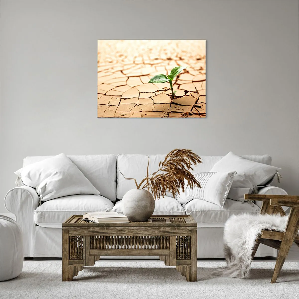 Canvas picture - A green plant growing out of dry, cracked earth - 70x50cm - Untamed Life Force - Modern wall decoration for the living room and bedroom ARTTOR