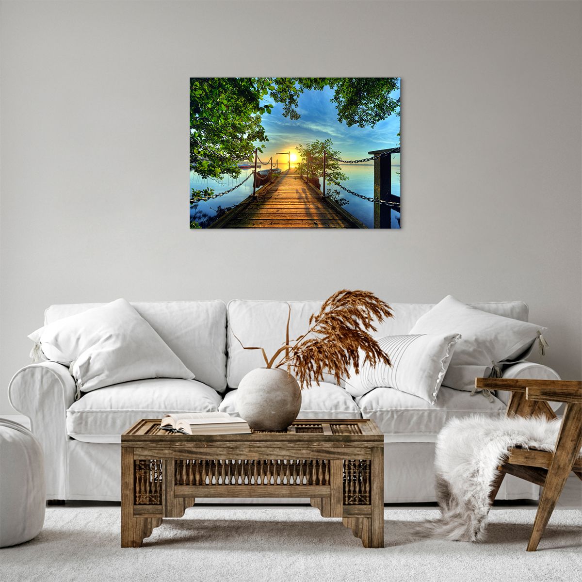Bild auf Leinwand Landschaft, Bild auf Leinwand See, Bild auf Leinwand Segelboot, Bild auf Leinwand Holzbrücke, Bild auf Leinwand Baum