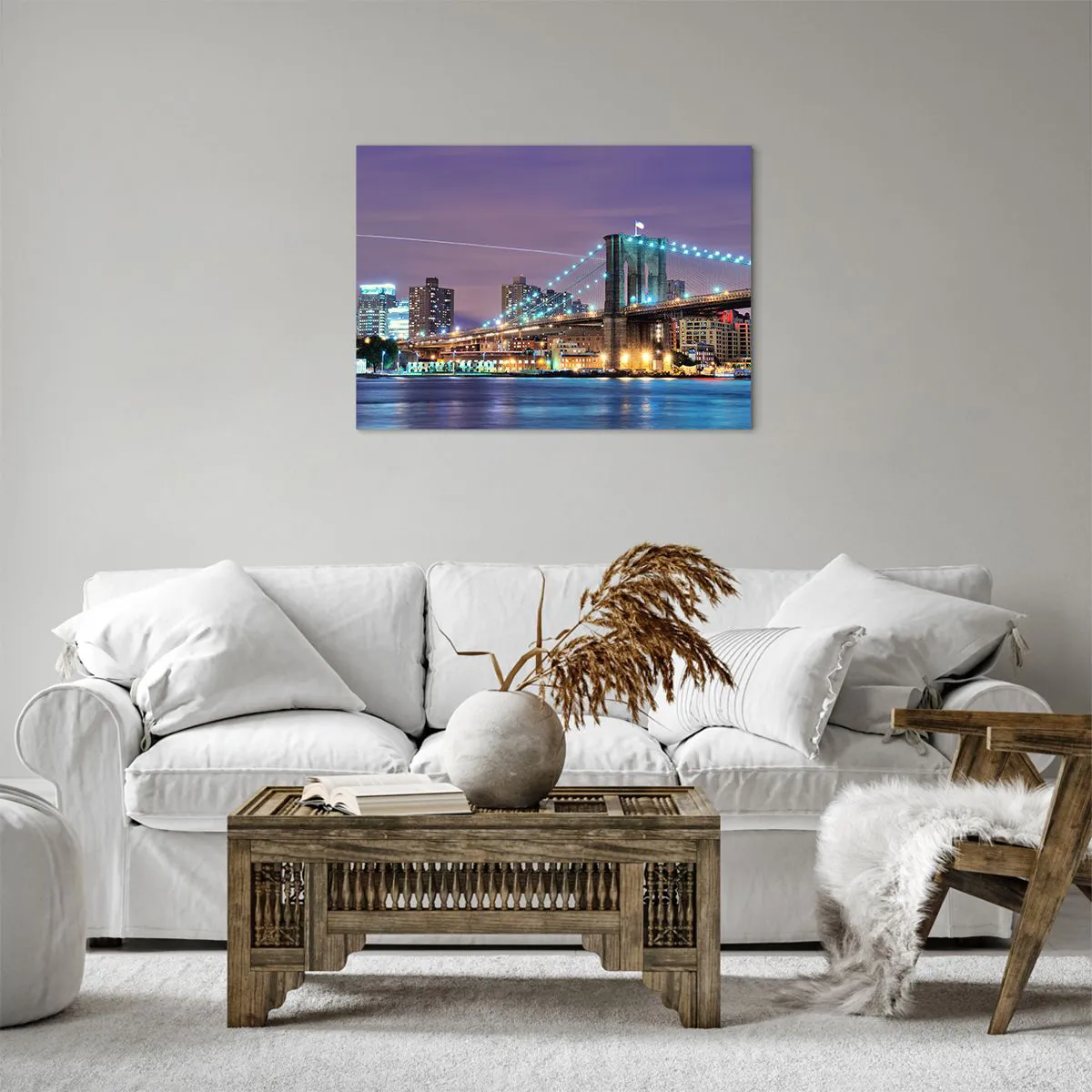 Quadro em tela - Ponte do Brooklyn à noite com a cidade iluminada ao fundo - 70x50cm - Por muitos anos, a Ponte do Brooklyn - Decoração de parede moderna para a sala de estar e quarto ARTTOR