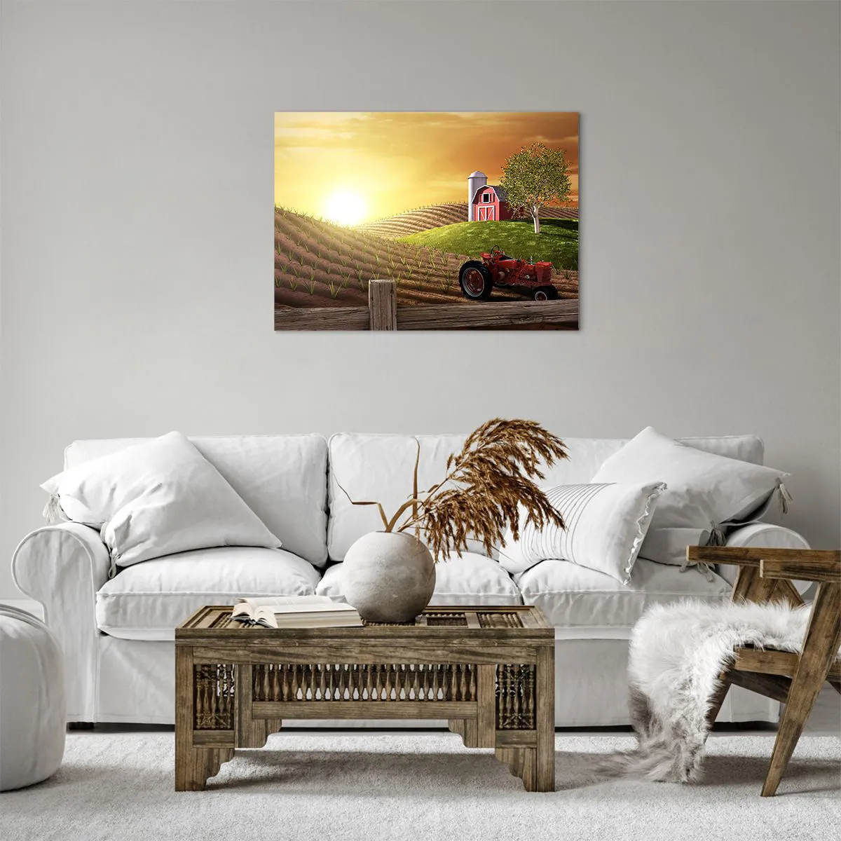 Impression sur toile - Image sur toile - Paysage rural avec une grange rouge, un tracteur et un lever de soleil - 70x50cm - Une ferme comme dans un conte de fées - Décoration murale moderne pour le salon et la chambre ARTTOR