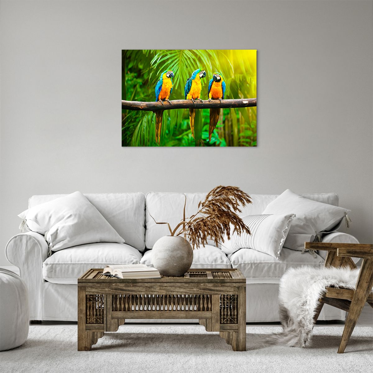 Bild auf Leinwand Die Vögel, Bild auf Leinwand Papageien, Bild auf Leinwand Natur, Bild auf Leinwand Palmenblätter, Bild auf Leinwand Tiere