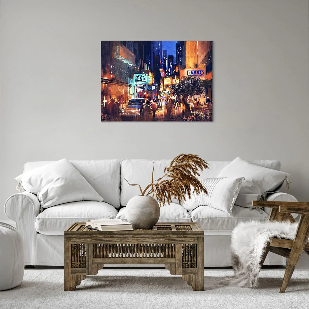 Lærredstryk - Billede på lærred - Aftenlandskab i impressionistisk stil - 70x50cm - Og byen sover ikke - Moderne vægdekoration til stue og soveværelse ARTTOR