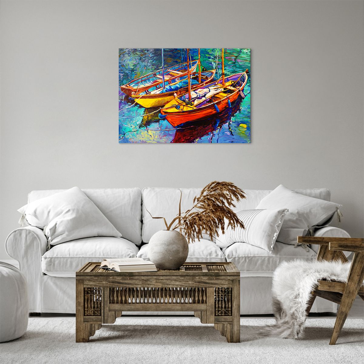 Tableau Toile 160x50cm - Bateaux Colorés, Pêche, Mer, Décoration Murale Moderne