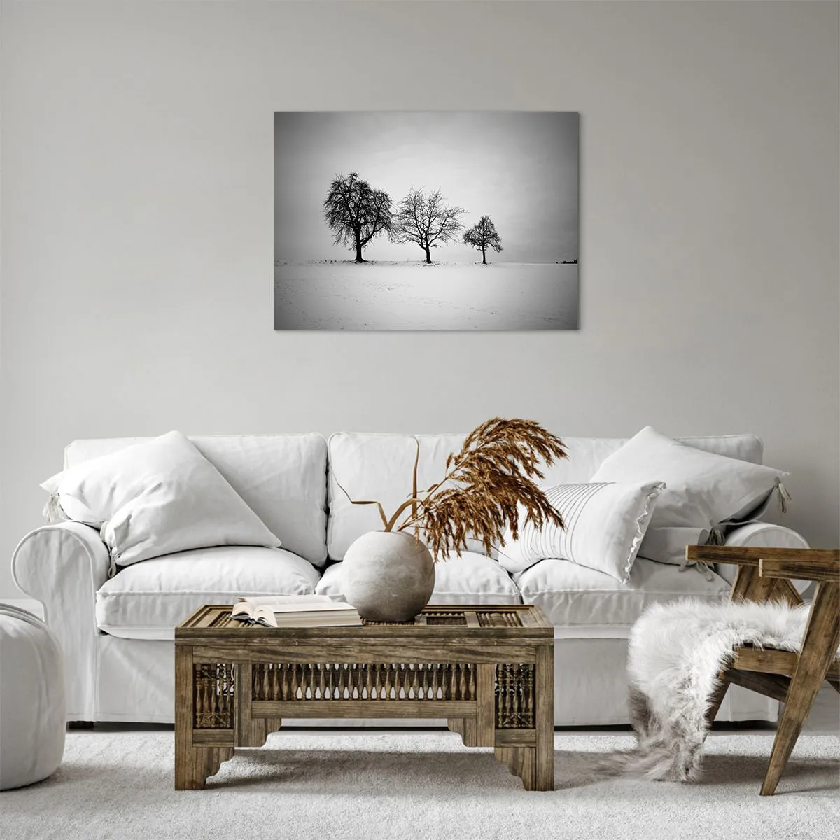 Quadro em tela - Três árvores em um campo nevado em estilo monocromático - 70x50cm - Com que sonham elas? - Decoração de parede moderna para a sala de estar e quarto ARTTOR