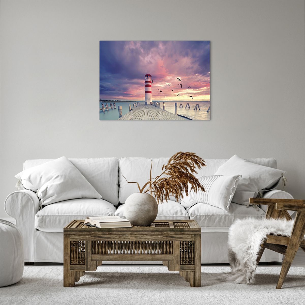 Bild auf Leinwand Leuchtturm, Bild auf Leinwand Landschaft, Bild auf Leinwand Meer, Bild auf Leinwand Holzsteg, Bild auf Leinwand Wolken