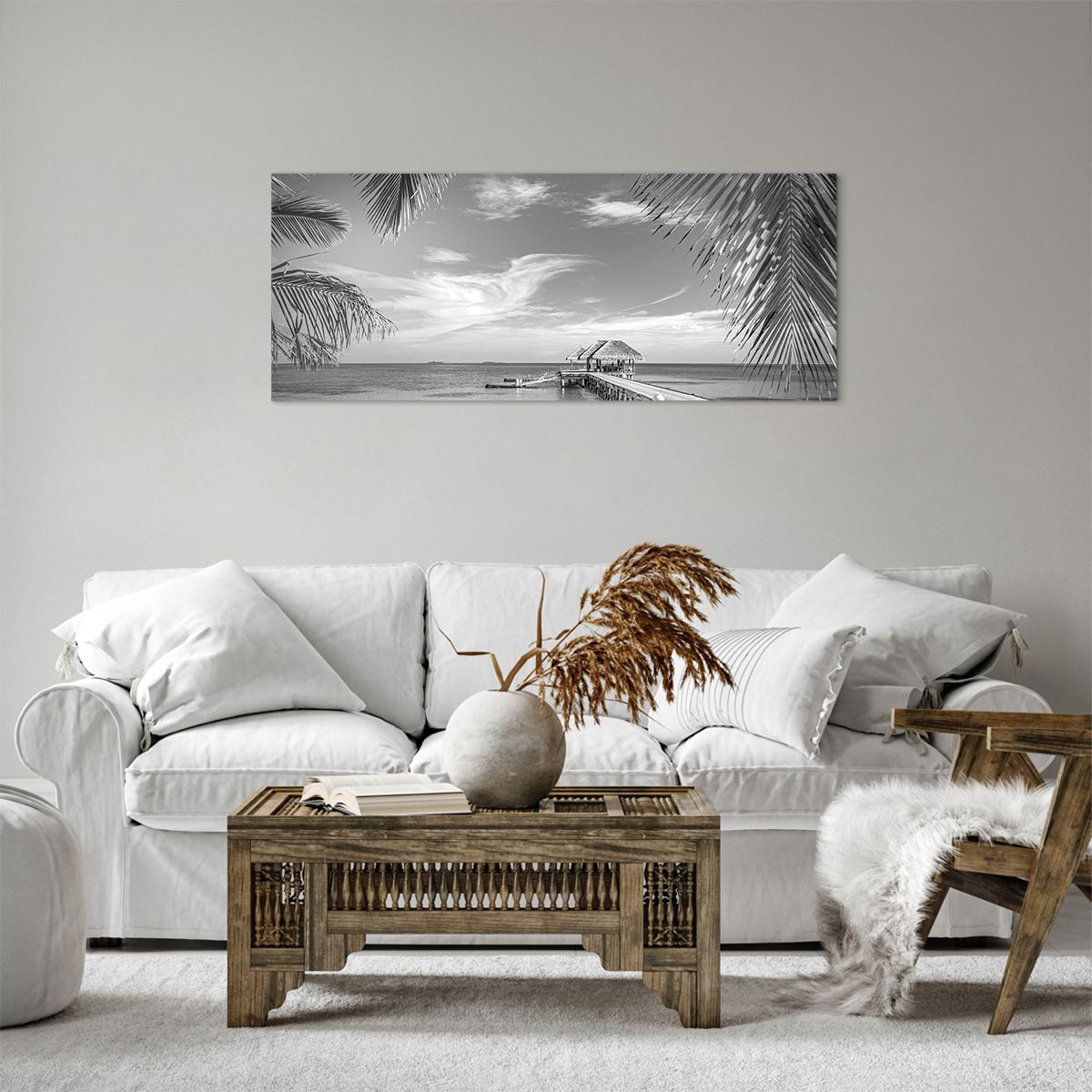 Bild auf Leinwand Meereslandschaft, Bild auf Leinwand Strand, Bild auf Leinwand Holzsteg, Bild auf Leinwand Kokusnuss-Palme, Bild auf Leinwand Schwarz Und Weiß