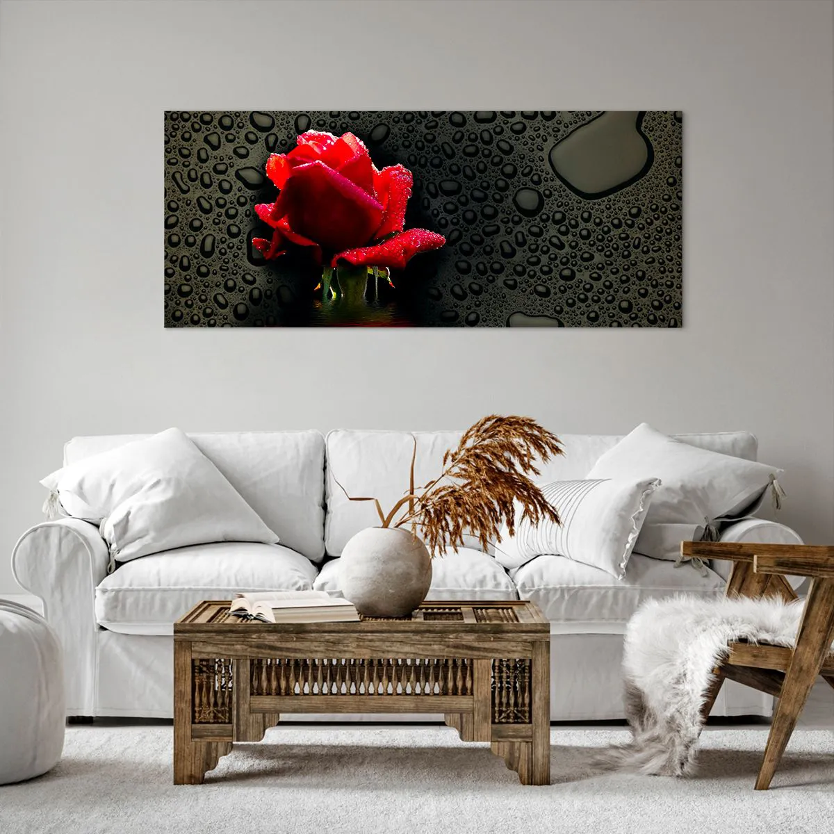 Impression sur toile - Image sur toile - Rose rouge avec des gouttes d'eau sur un fond sombre - 120x50cm - Rouge et noir - Décoration murale moderne pour le salon et la chambre ARTTOR