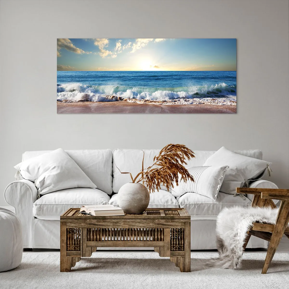 Impression sur toile - Image sur toile - Une plage ensoleillée avec des vagues s'écrasant sur le rivage - 120x50cm - Mouvement et immobilité à la fois - Décoration murale moderne pour le salon et la chambre ARTTOR