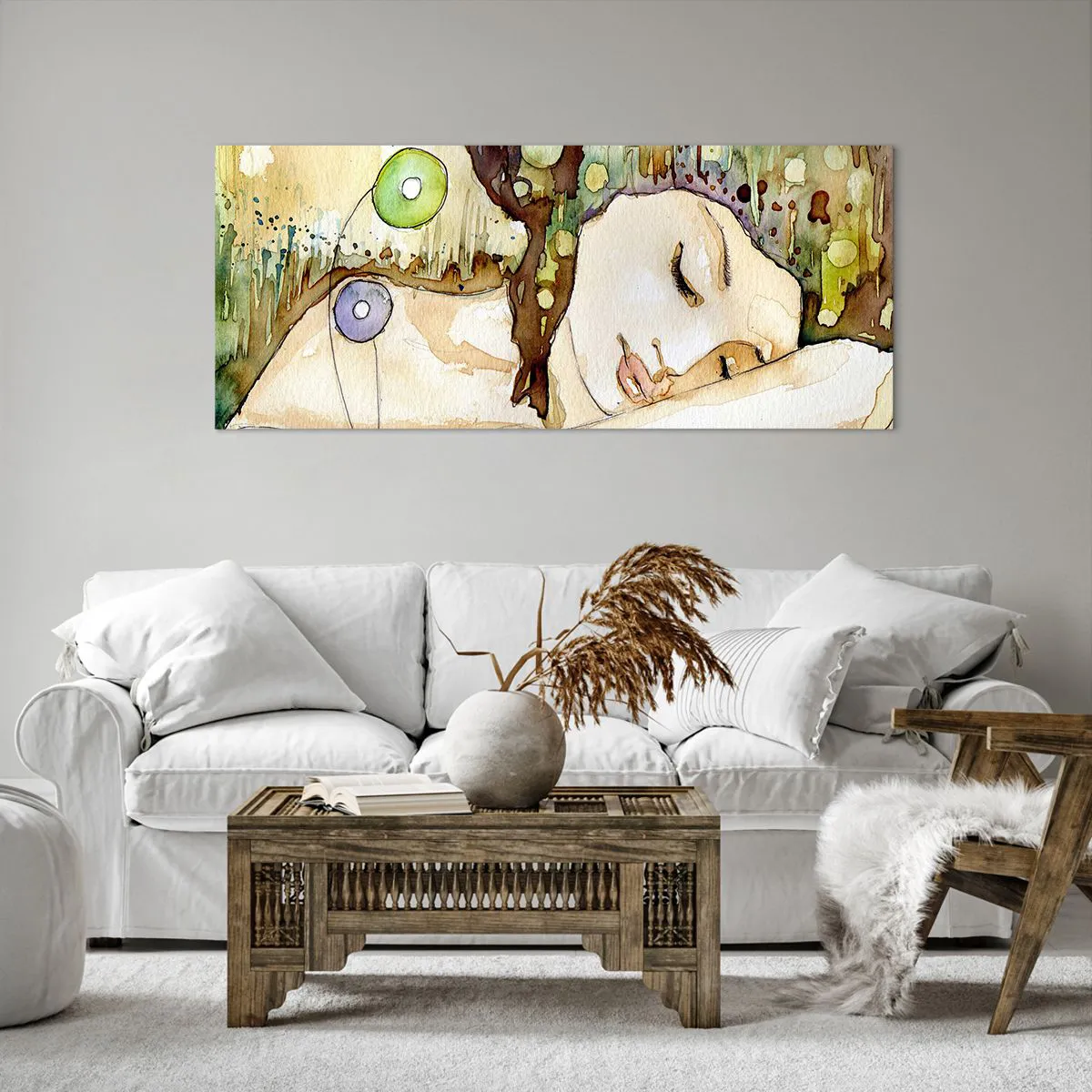 Bild auf Leinwand - Leinwandbild - Eine träumende Frau, umgeben von abstrakten Formen und Farben. - 120x50cm - Ein smaragd-violetter Traum - Moderne Wanddekoration für Wohnzimmer und Schlafzimmer ARTTOR