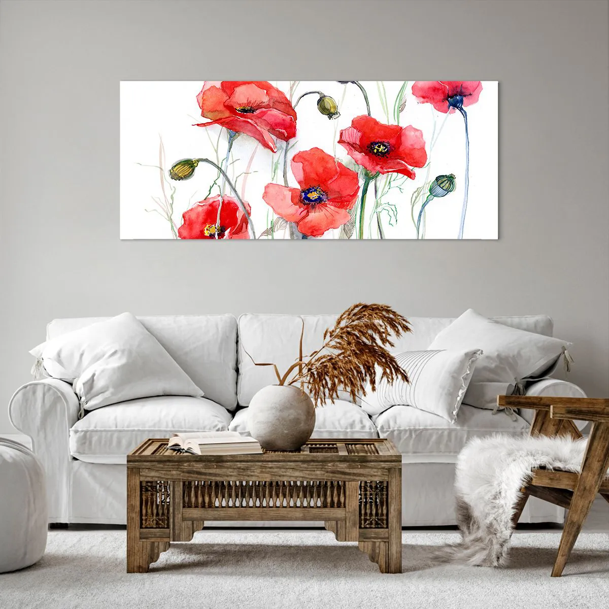 Quadro su tela - Stampe su Tela - Papaveri acquerellati su uno sfondo delicato - 120x50cm - Fiori polacchi - Decorazione murale moderna per soggiorno e camera da letto ARTTOR