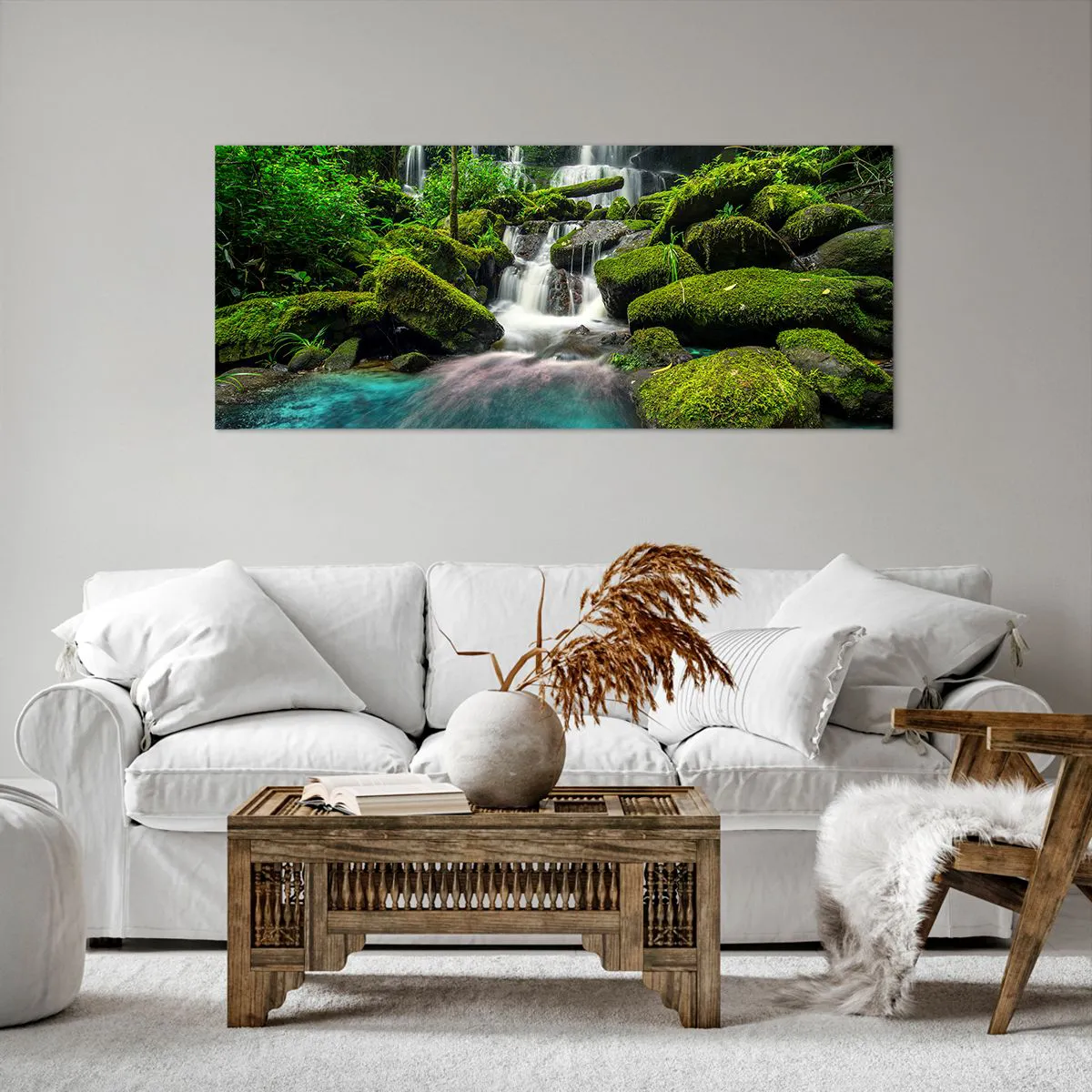 Bild auf Leinwand - Leinwandbild - Ein tropischer Wasserfall, umgeben von Grün und türkisfarbenem Wasser - 120x50cm - Türkis, Saphire und flüssiges Silber - Moderne Wanddekoration für Wohnzimmer und Schlafzimmer ARTTOR