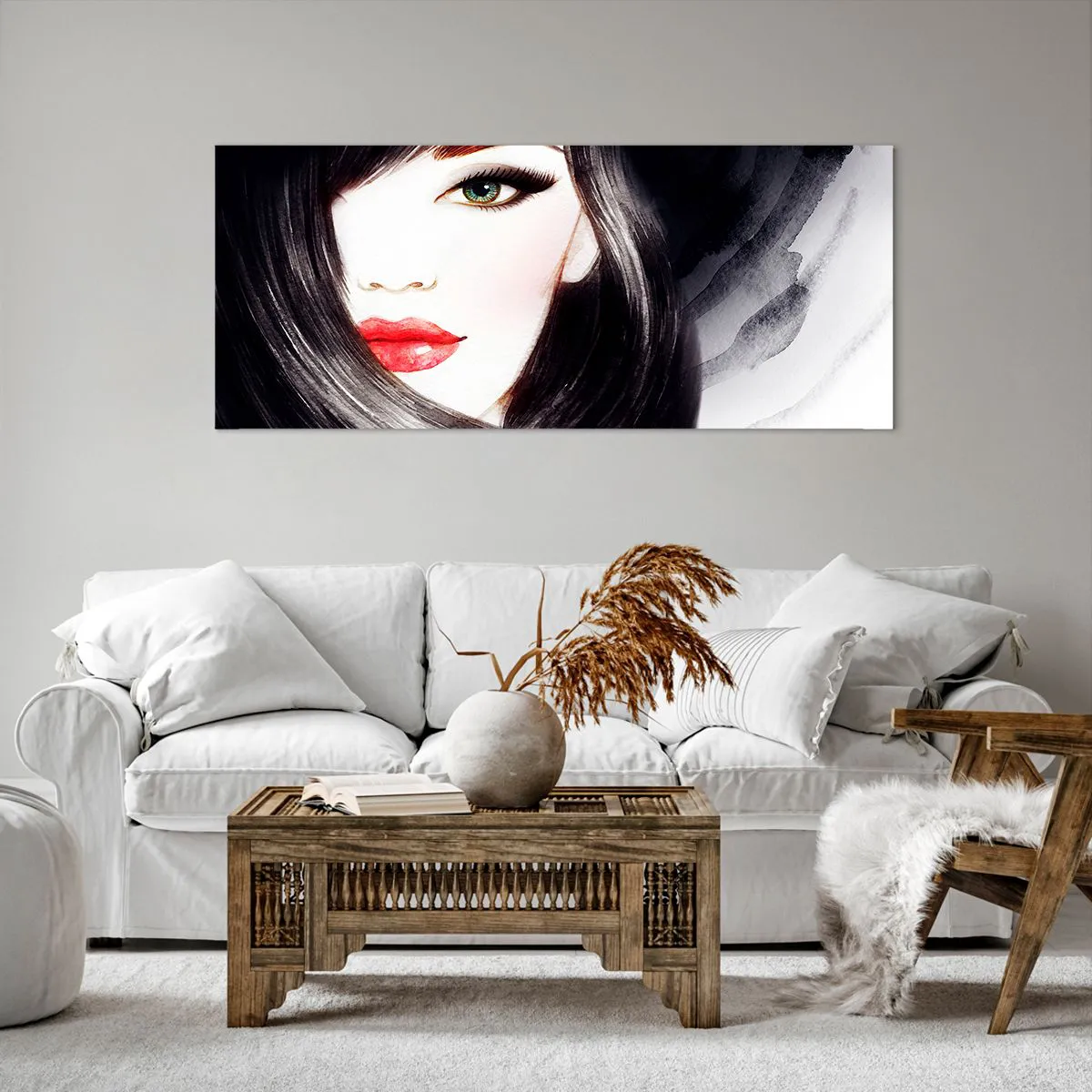 Cuadro sobre lienzo - Impresión de Imagen - Retrato de una mujer con mirada expresiva y labios rojos. - 120x50cm - Mirada de zafiro - Decoración de pared moderna para salón y dormitorio ARTTOR