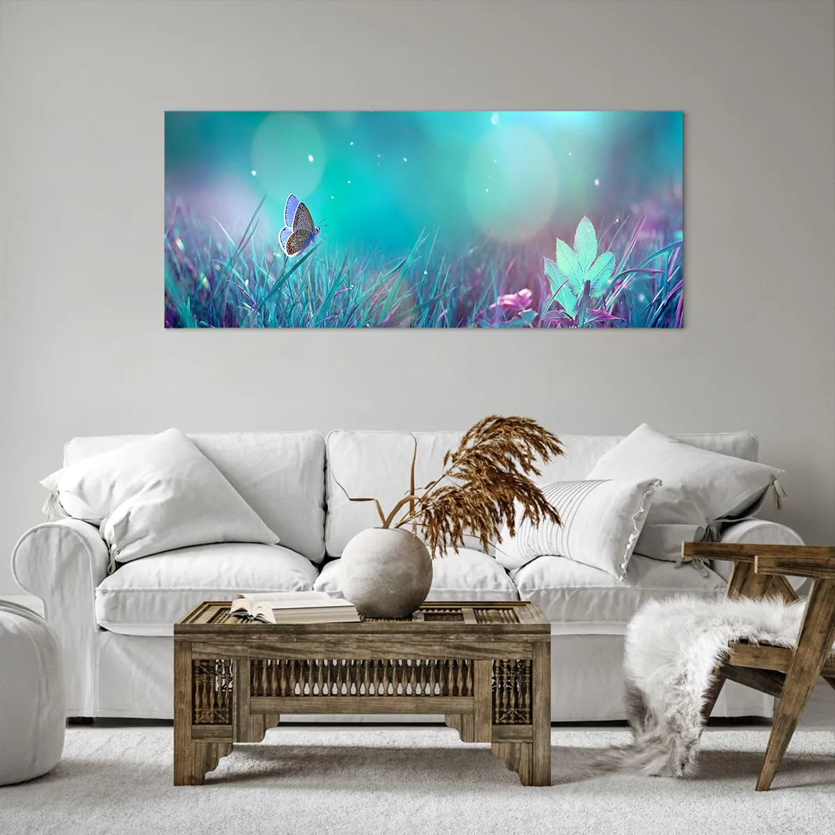 Impression sur toile - Image sur toile - Un papillon sur l'herbe à la lumière de reflets flous - 120x50cm - La vie secrète de la prairie - Décoration murale moderne pour le salon et la chambre ARTTOR