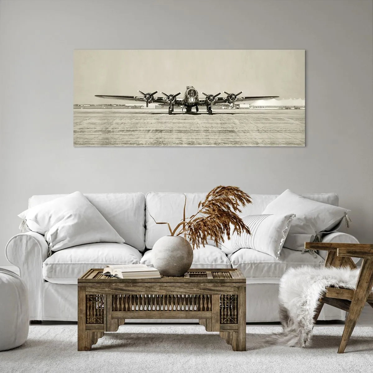 Bild auf Leinwand - Leinwandbild - Historisches Flugzeug auf dem Flughafen in Sepia - 120x50cm - Wie immer bereit - Moderne Wanddekoration für Wohnzimmer und Schlafzimmer ARTTOR