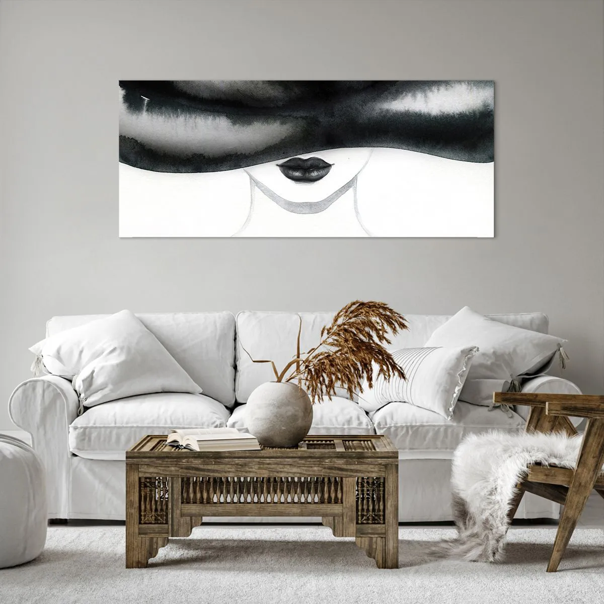 Cuadro sobre lienzo - Impresión de Imagen - Un retrato sutil de una mujer con el rostro cubierto en un estilo monocromático. - 120x50cm - Un misterio sensual - Decoración de pared moderna para salón y dormitorio ARTTOR