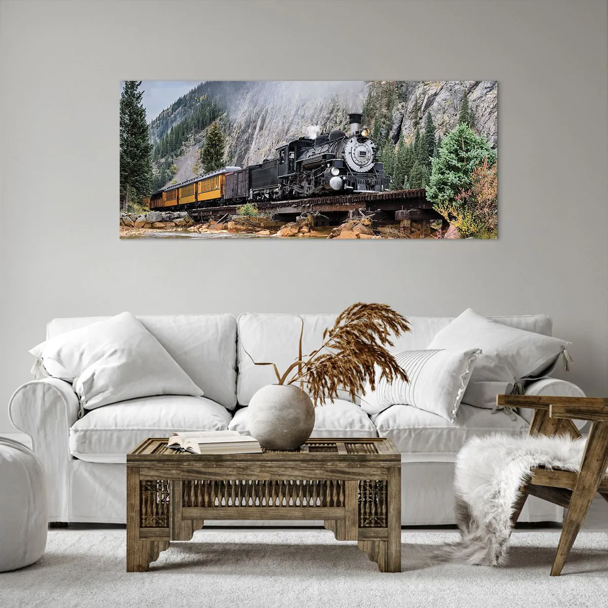 Obraz na płótnie - Parowóz na moście w malowniczym górskim krajobrazie - 120x50cm - A dokąd to? Dokąd? - Nowoczesna dekoracja ścienna do salonu i sypialni ARTTOR