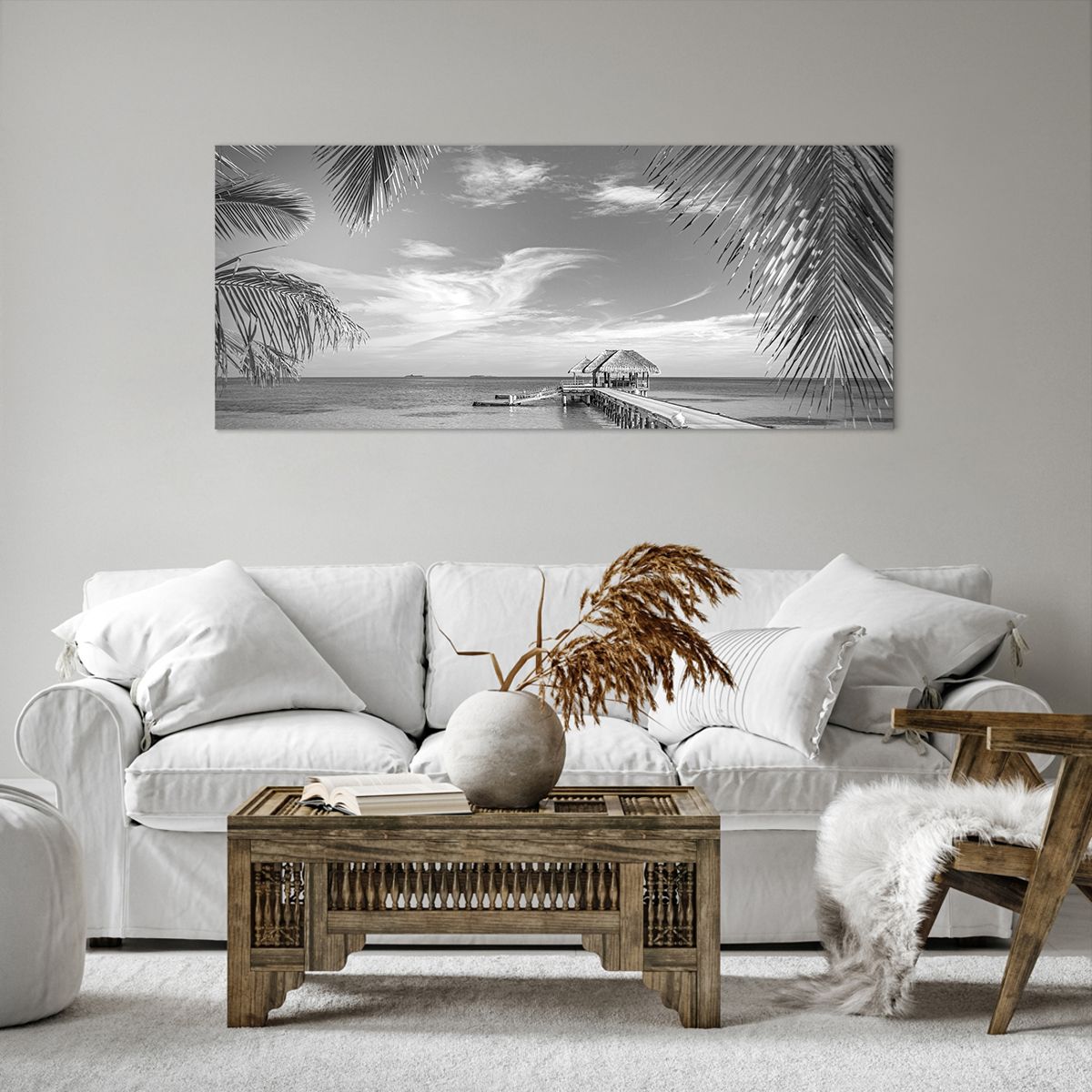 Canvas picture Sea Landscape, Canvas picture Beach, Canvas picture Wooden Pier, Canvas picture Coconut Palm, Canvas picture Black And White