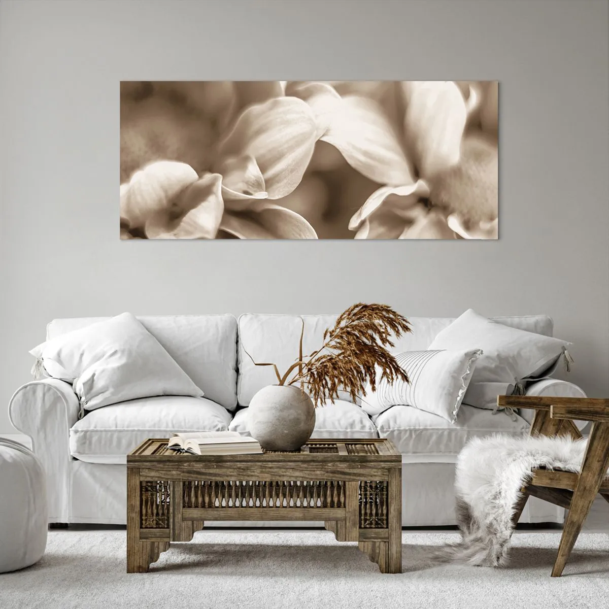 Impression sur toile - Image sur toile - Gros plan de fleurs dans un ton sépia délicat avec des contours doux - 120x50cm - Doux comme un sourire - Décoration murale moderne pour le salon et la chambre ARTTOR