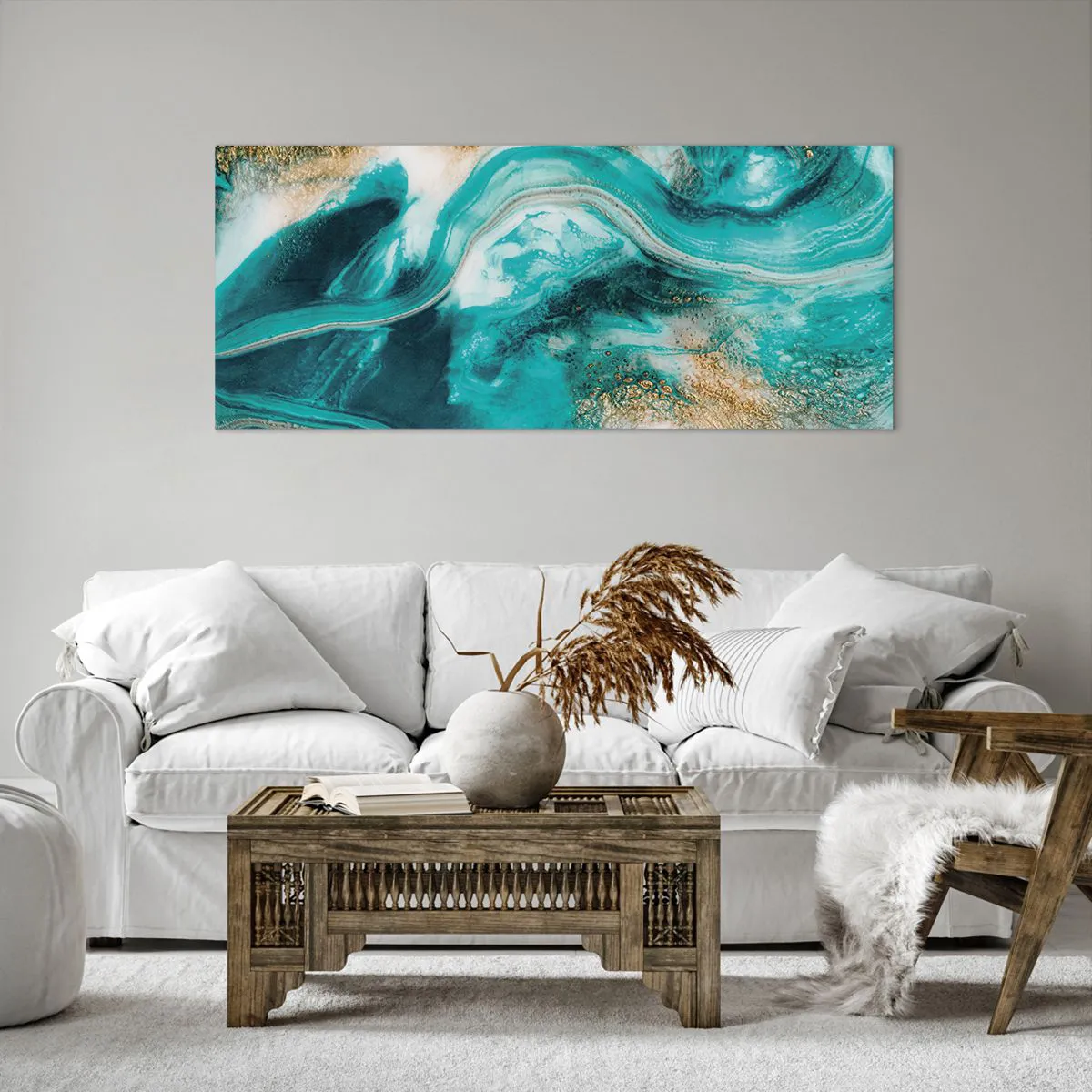 Impression sur toile - Image sur toile - Abstraction turquoise avec des accents blancs et dorés - 120x50cm - Rivière d'or - Décoration murale moderne pour le salon et la chambre ARTTOR