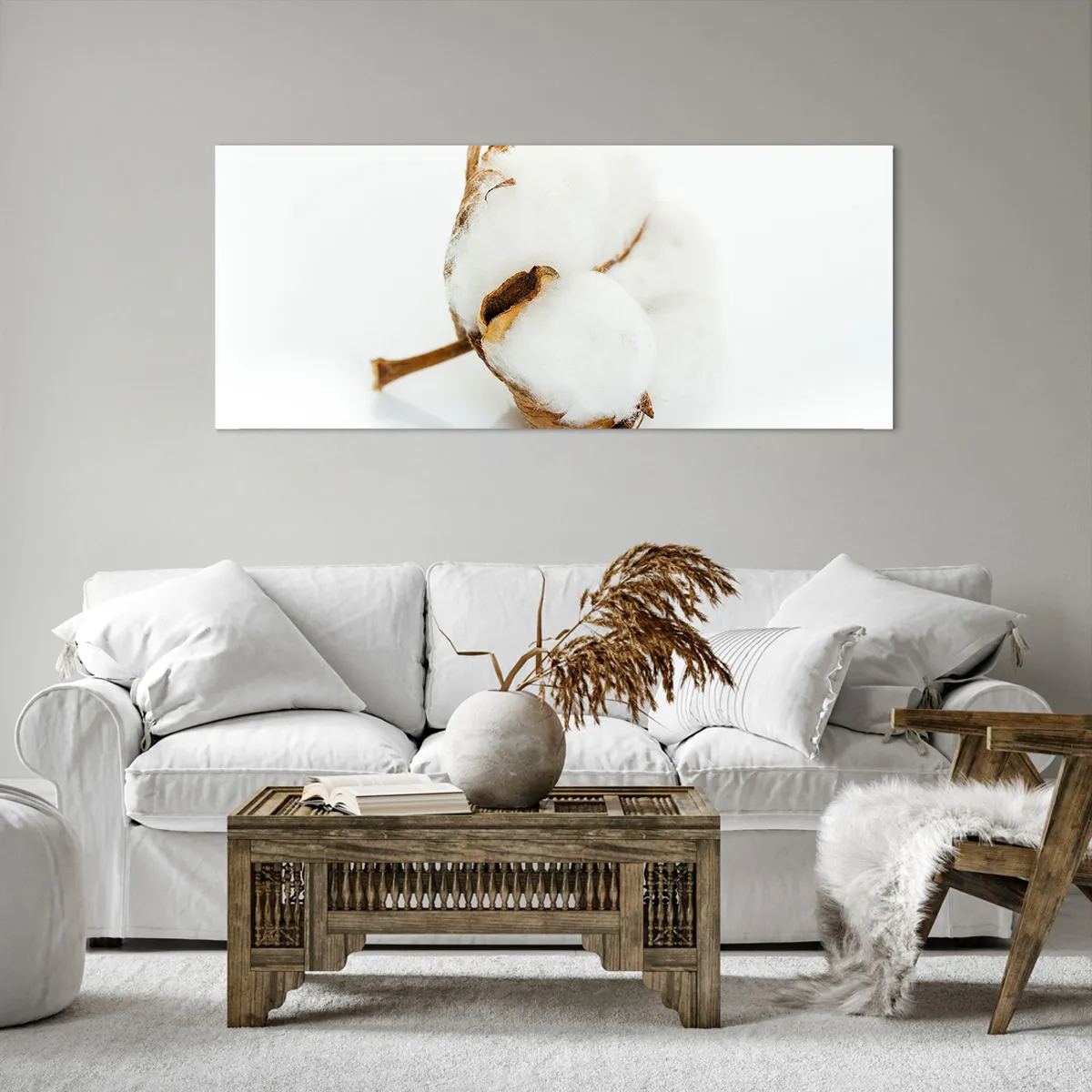 Cuadro sobre lienzo - Impresión de Imagen - Una rama de algodón sobre un fondo claro en un enfoque minimalista. - 120x50cm - Suave por naturaleza - Decoración de pared moderna para salón y dormitorio ARTTOR