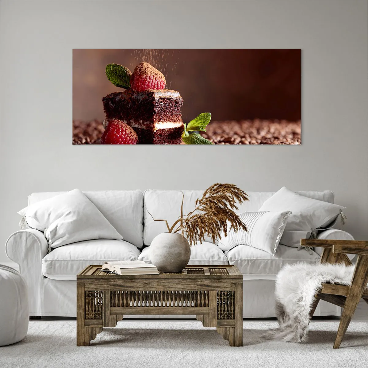 Obraz na płótnie - Czekoladowe ciasto z malinami i miętą na tle ziaren kakao - 120x50cm - Życie jest słodkie - Nowoczesna dekoracja ścienna do salonu i sypialni ARTTOR