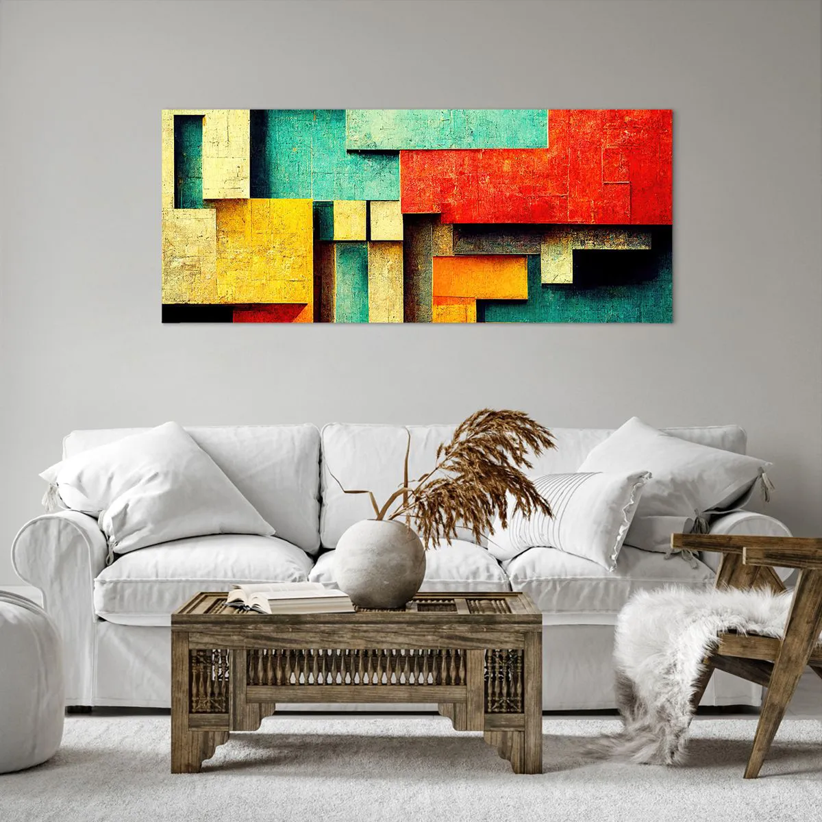 Quadro su tela - Stampe su Tela - Forme geometriche astratte in colori vivaci - 120x50cm - Il festival degli angoli retti - Decorazione murale moderna per soggiorno e camera da letto ARTTOR