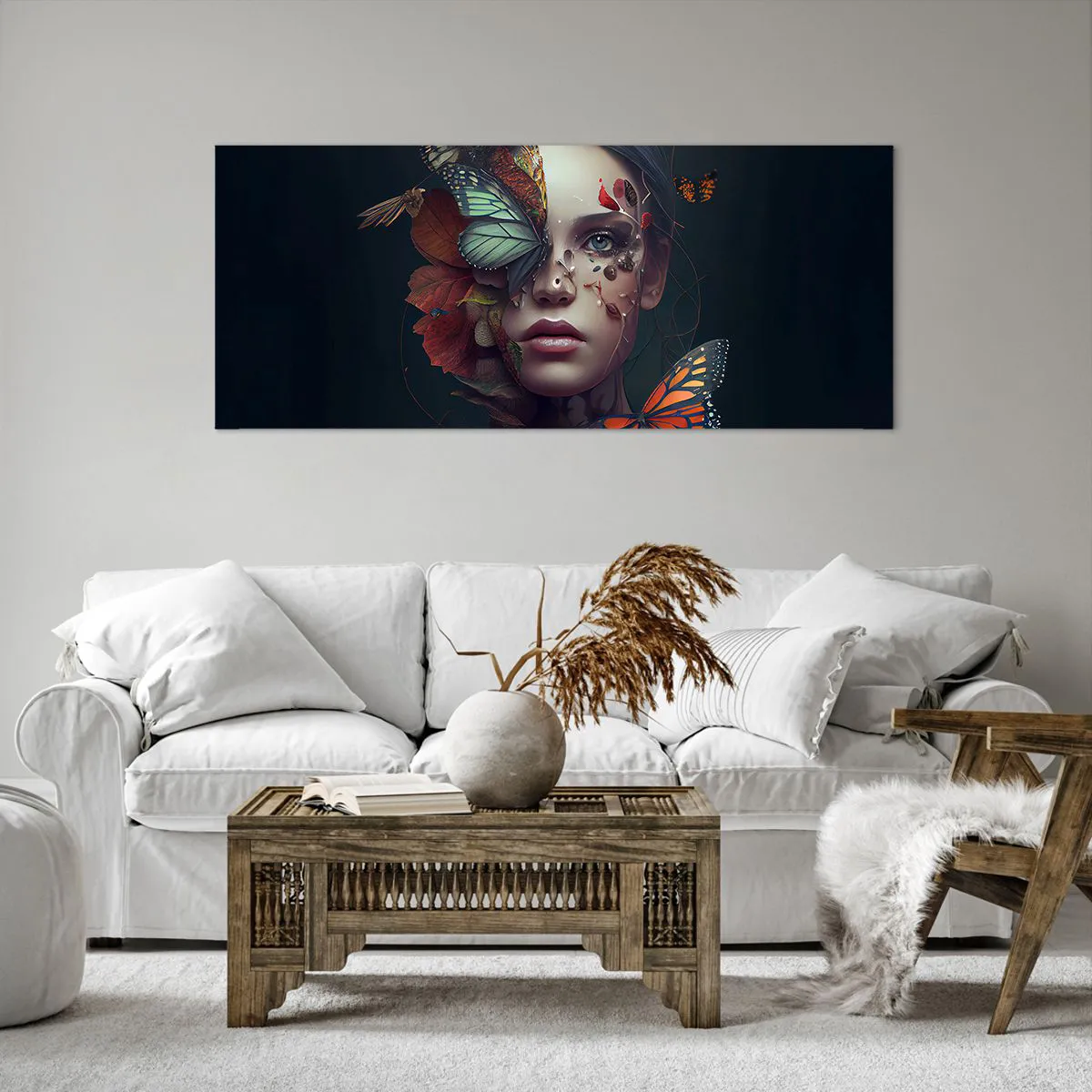 Impression sur toile - Image sur toile - Portrait d'une femme avec des papillons et des éléments végétaux - 120x50cm - Une merveilleuse métamorphose - Décoration murale moderne pour le salon et la chambre ARTTOR