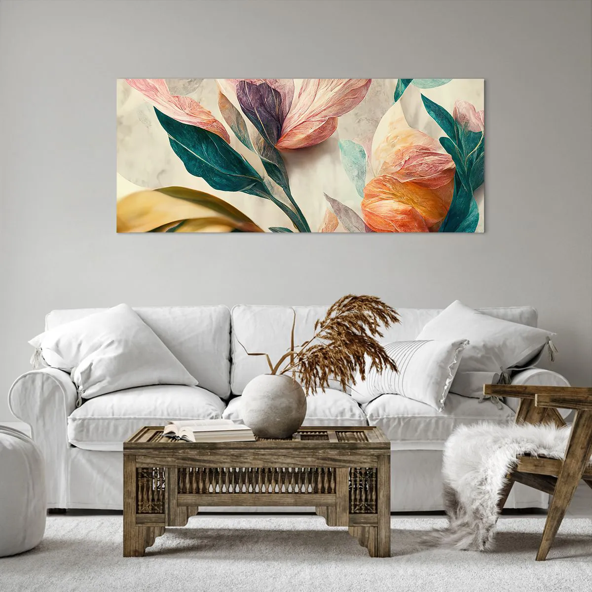 Bild auf Leinwand - Leinwandbild - Bunte Blumen im tropischen Stil auf hellem Hintergrund - 120x50cm - Blumen der südlichen Inseln - Moderne Wanddekoration für Wohnzimmer und Schlafzimmer ARTTOR