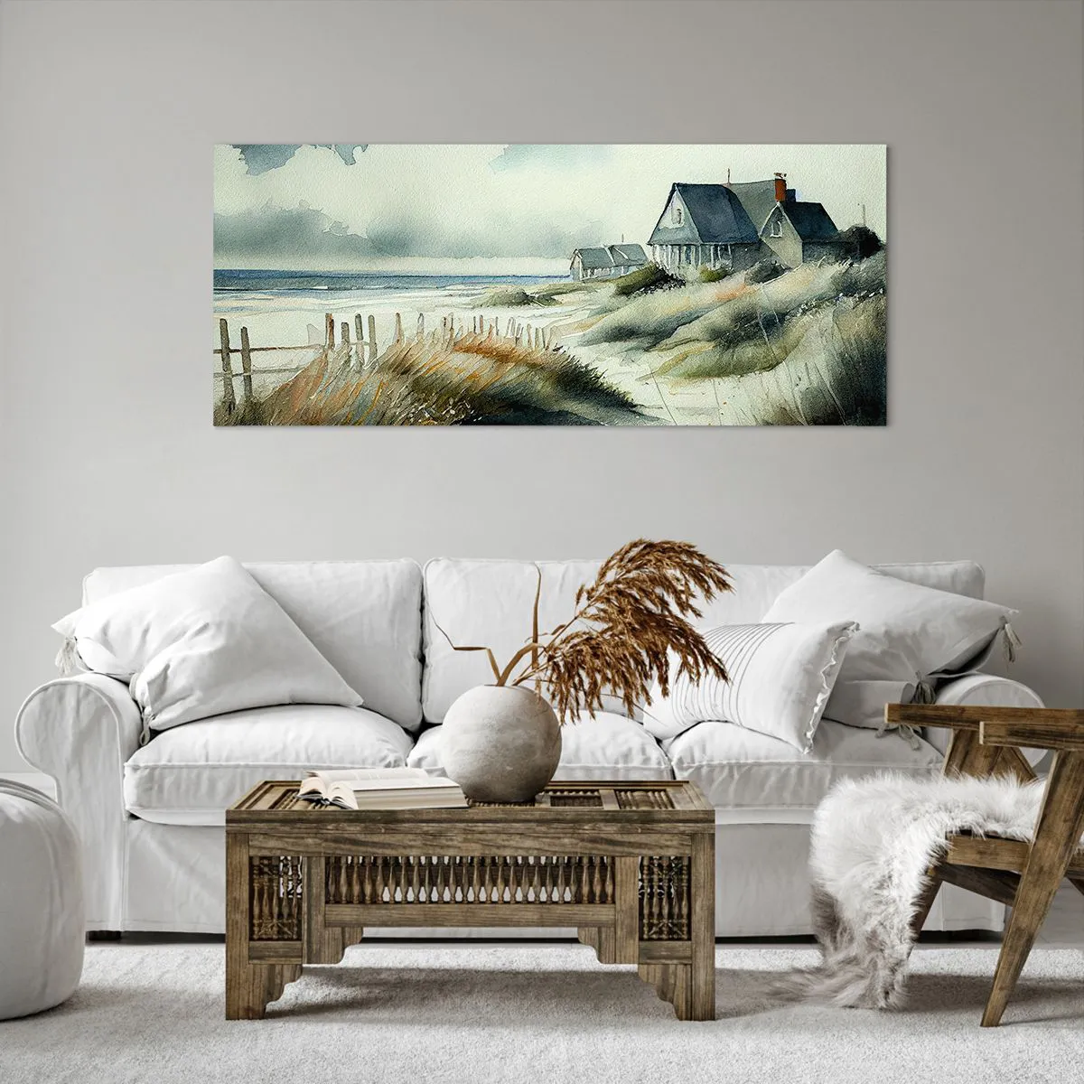 Obraz na płótnie - Dom nadmorski otoczony trawami i widokiem na morze - 120x50cm - Z dala od zgiełku - Nowoczesna dekoracja ścienna do salonu i sypialni ARTTOR