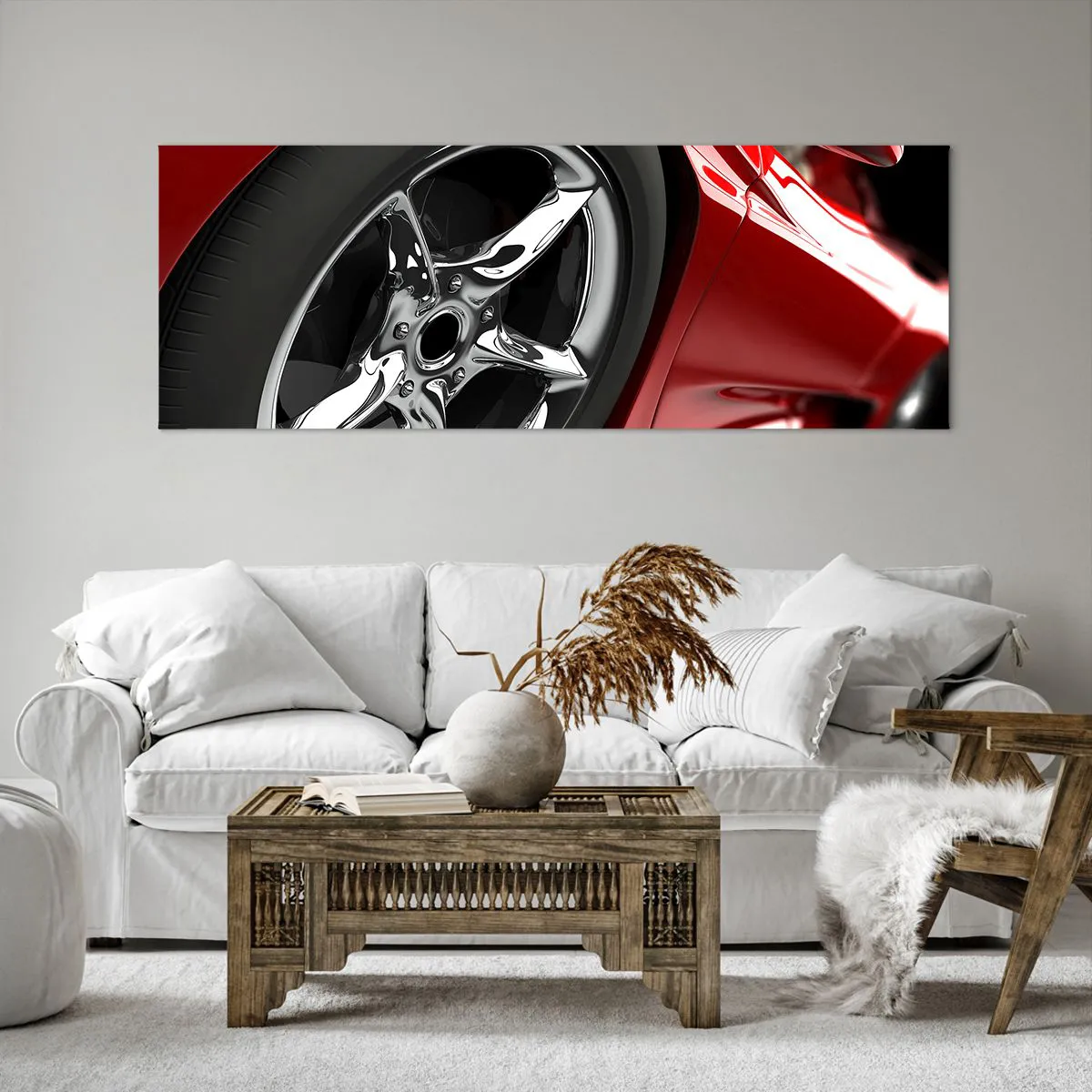 Cuadro sobre lienzo - Impresión de Imagen - Coche deportivo rojo con ruedas cromadas - 140x50cm - Creado para la velocidad - Decoración de pared moderna para salón y dormitorio ARTTOR