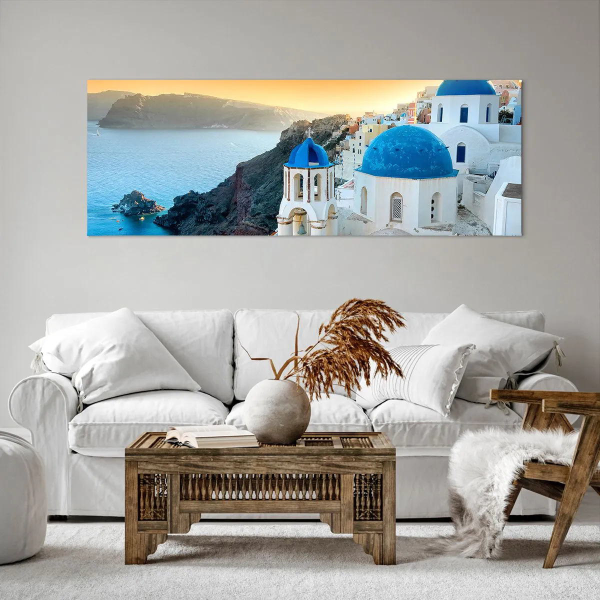 Cuadro sobre lienzo - Impresión de Imagen - Vista de Santorini con edificios blancos y mar azul. - 140x50cm - Santorini - el abrazo a las rocas - Decoración de pared moderna para salón y dormitorio ARTTOR