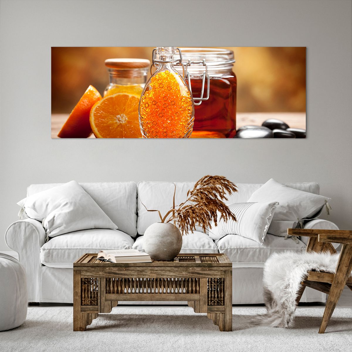Bild auf Leinwand Gastronomie, Bild auf Leinwand Orange, Bild auf Leinwand Glas Mit Honig, Bild auf Leinwand Steine, Bild auf Leinwand Orangen