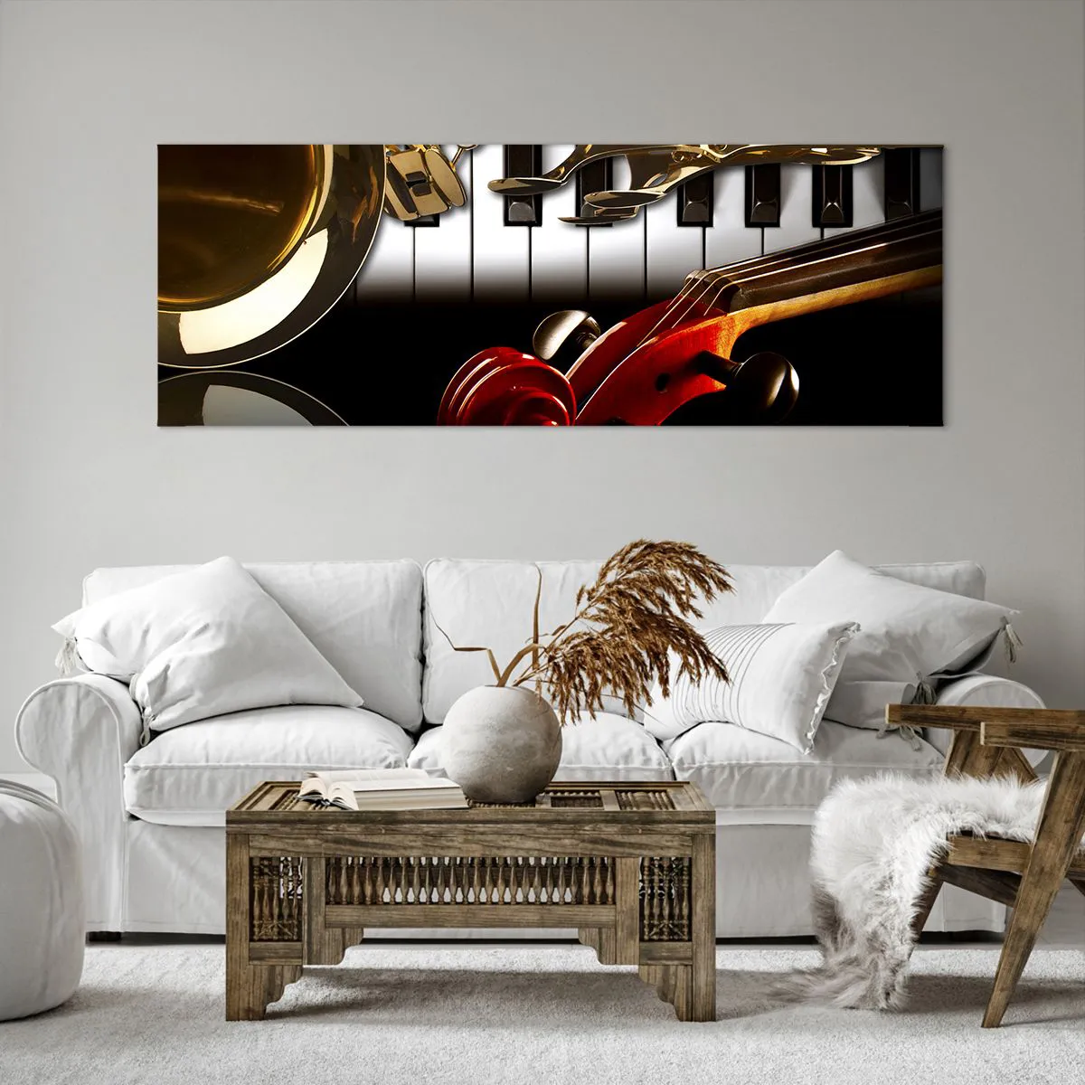 Impression sur toile - Image sur toile - Un saxophone doré, des touches de piano et un violon rouge - 140x50cm - Tôle, bois et ivoire - Décoration murale moderne pour le salon et la chambre ARTTOR