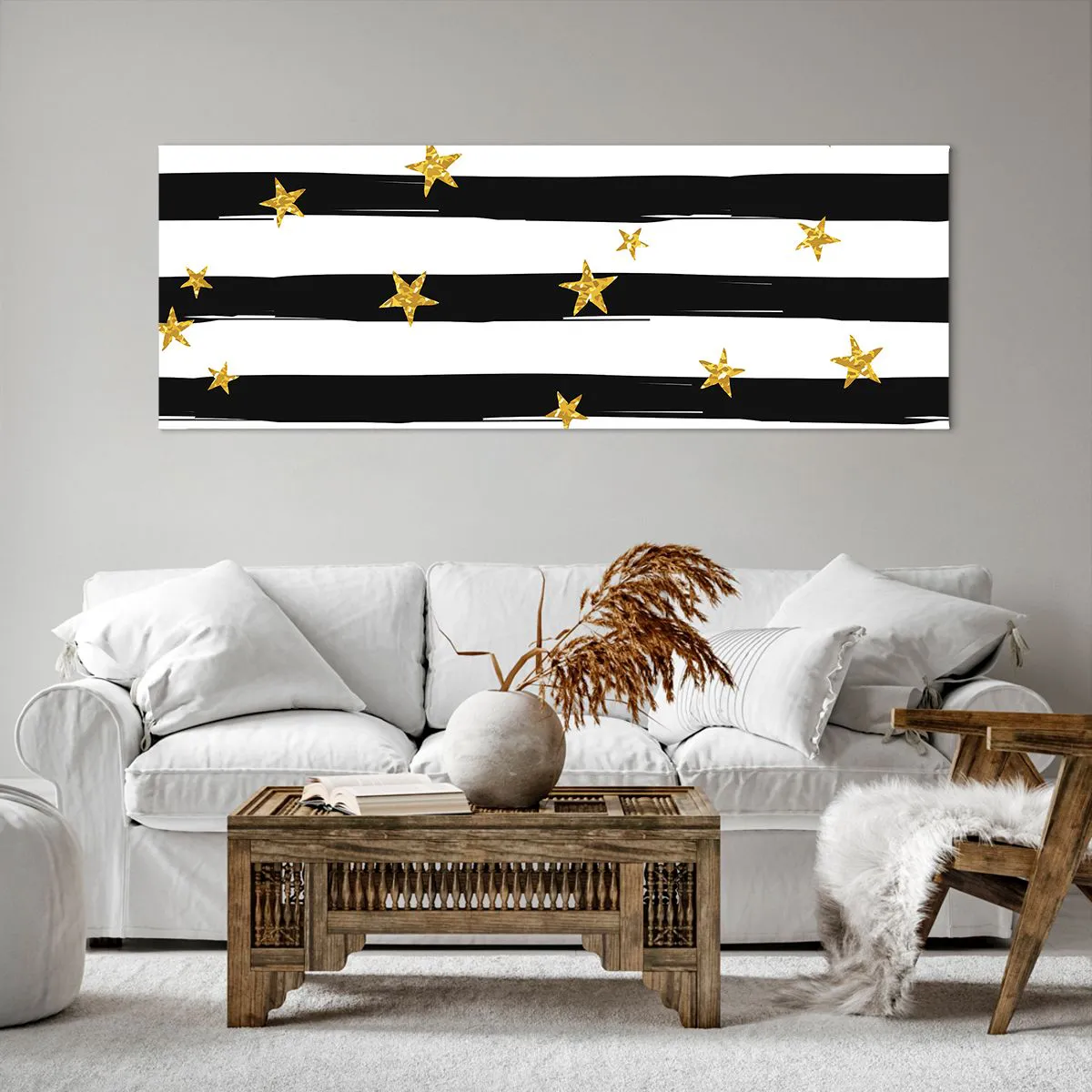 Impression sur toile - Image sur toile - Rayures noires et blanches avec étoiles dorées - 140x50cm - Nous sommes tous nés sous une bonne étoile - Décoration murale moderne pour le salon et la chambre ARTTOR
