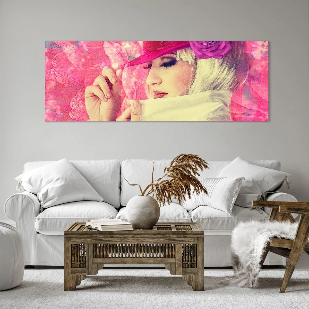 Lærredstryk - Billede på lærred - Retro portræt i lyserødt - 140x50 cm