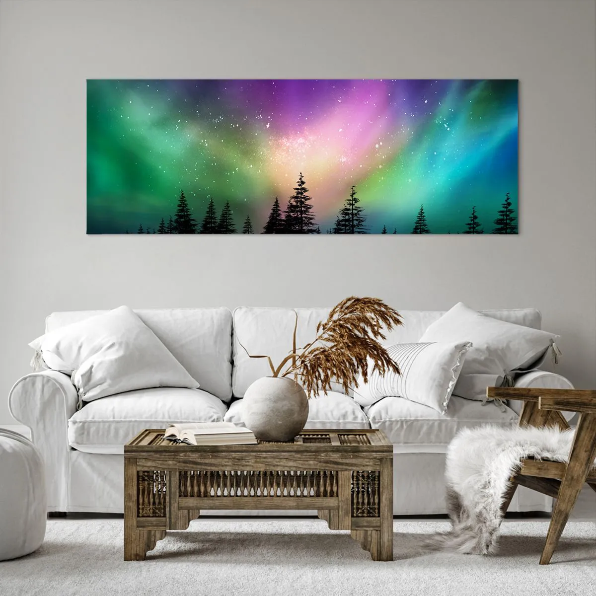 Quadro su tela - Stampe su Tela - Aurora boreale su una foresta con cielo stellato - 140x50cm - Magia bianca - Decorazione murale moderna per soggiorno e camera da letto ARTTOR