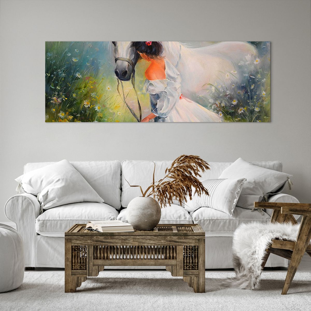 Bild auf Leinwand Frau, Bild auf Leinwand Pferd, Bild auf Leinwand Wiese, Bild auf Leinwand Blumen, Bild auf Leinwand Kunst