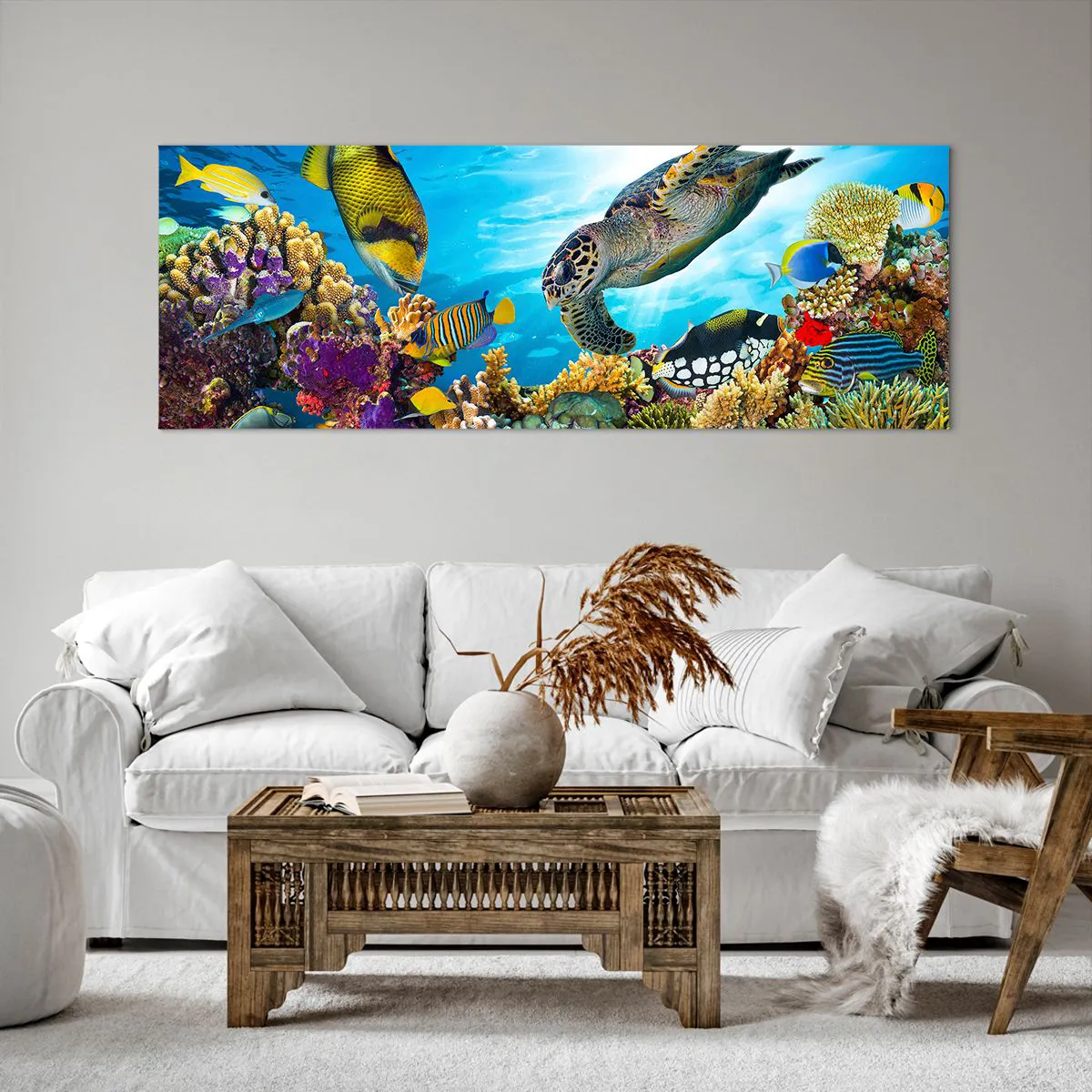 Bild auf Leinwand - Leinwandbild - Unterwasserwelt mit bunten Fischen und einer Schildkröte in den Korallen - 140x50cm - Korallenpromenade - Moderne Wanddekoration für Wohnzimmer und Schlafzimmer ARTTOR