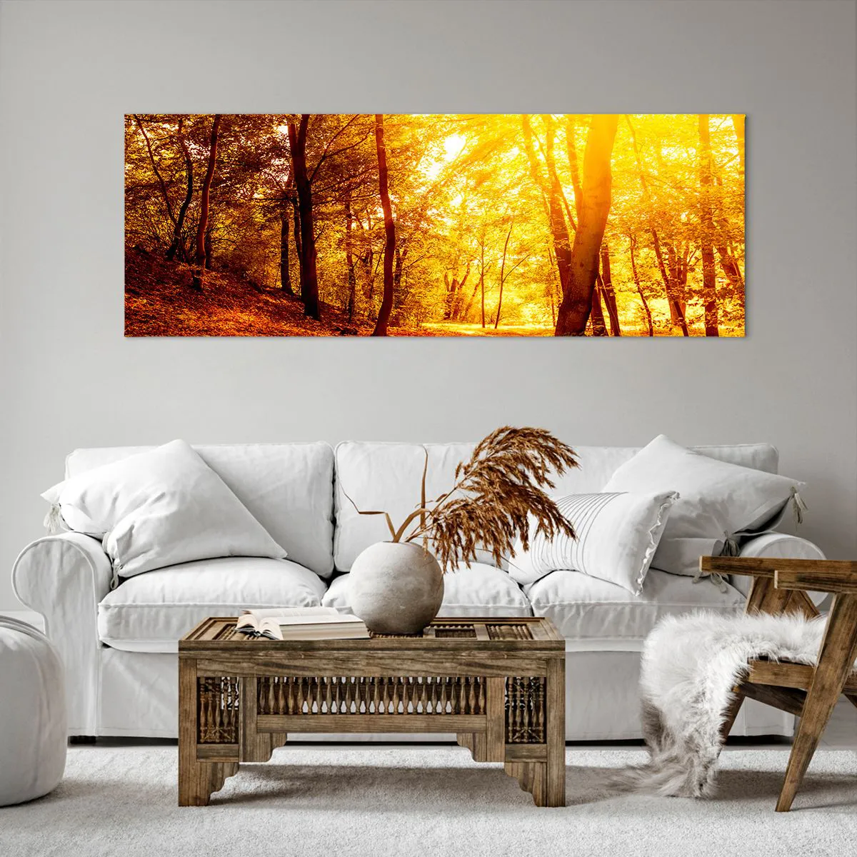 Cuadro sobre lienzo - Impresión de Imagen - Claro de otoño bajo la luz dorada del sol con un sendero forestal - 140x50cm - Hacia un claro de oro - Decoración de pared moderna para salón y dormitorio ARTTOR