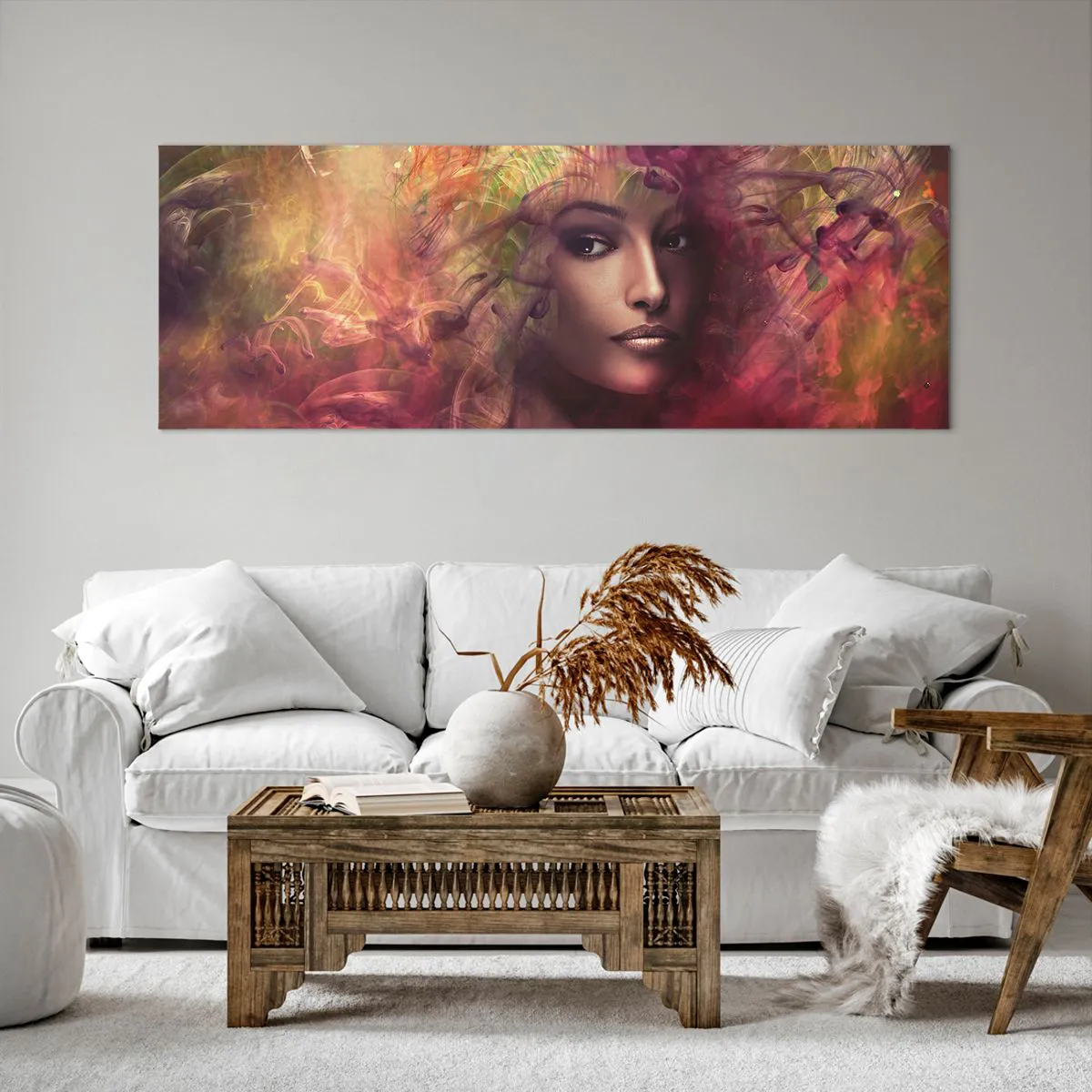 Obraz na płótnie - Kobieta w abstrakcyjnych kolorach tworzących dynamiczne tło - 140x50cm - Tu jestem! - Nowoczesna dekoracja ścienna do salonu i sypialni ARTTOR