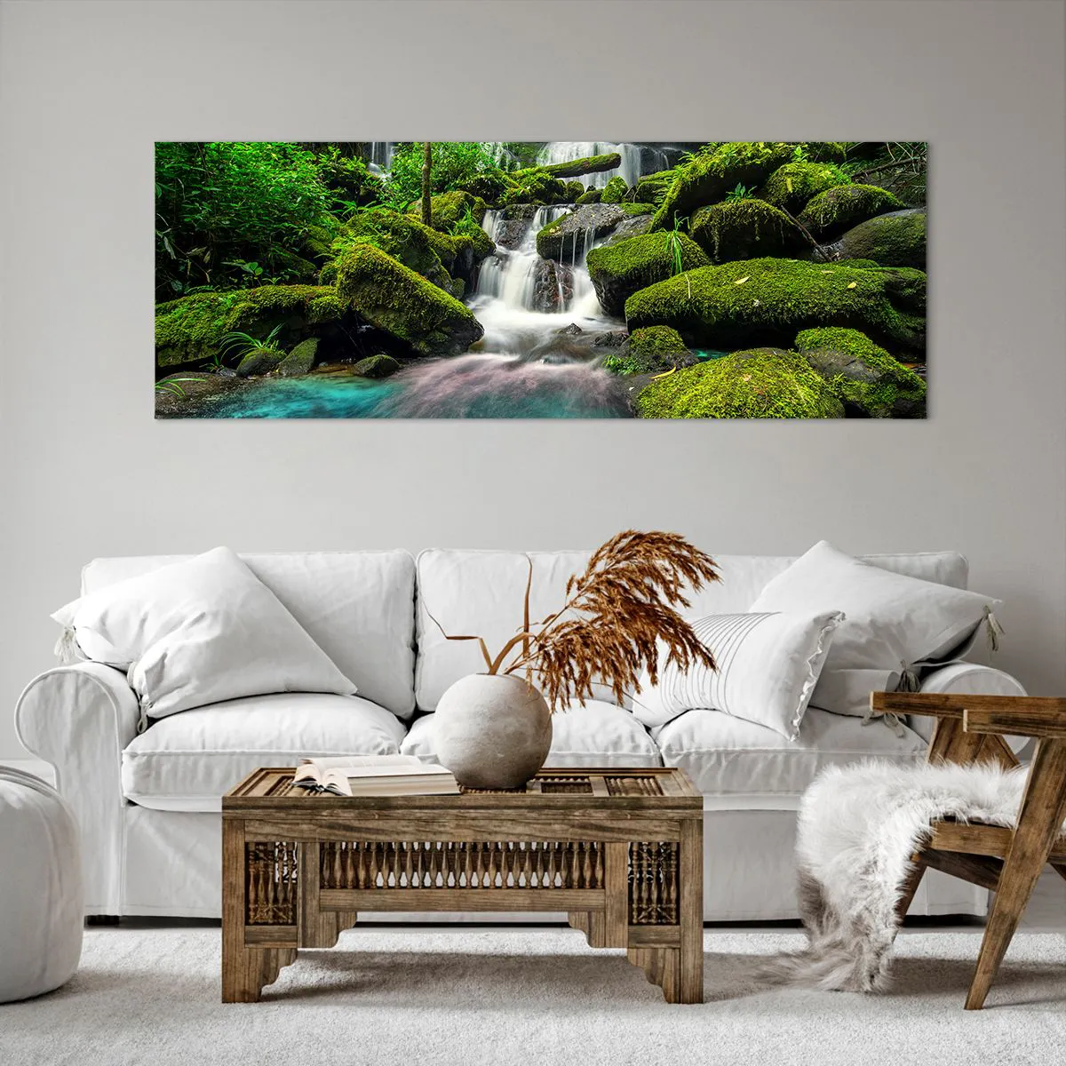 Impression sur toile - Image sur toile - Une cascade tropicale entourée de verdure et d'eau turquoise - 140x50cm - Turquoise, saphirs et argent liquide - Décoration murale moderne pour le salon et la chambre ARTTOR