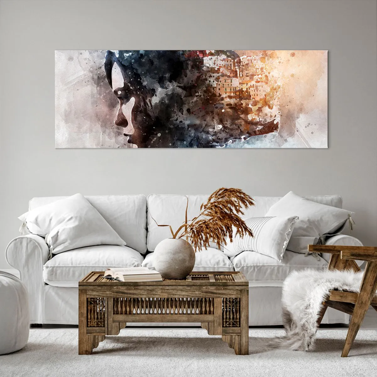 Quadro su tela - Stampe su Tela - Ritratto di una donna che combina il suo viso con un paesaggio urbano sullo sfondo - 140x50cm - Racconto su una ragazza con città sullo sfondo - Decorazione murale moderna per soggiorno e camera da letto ARTTOR
