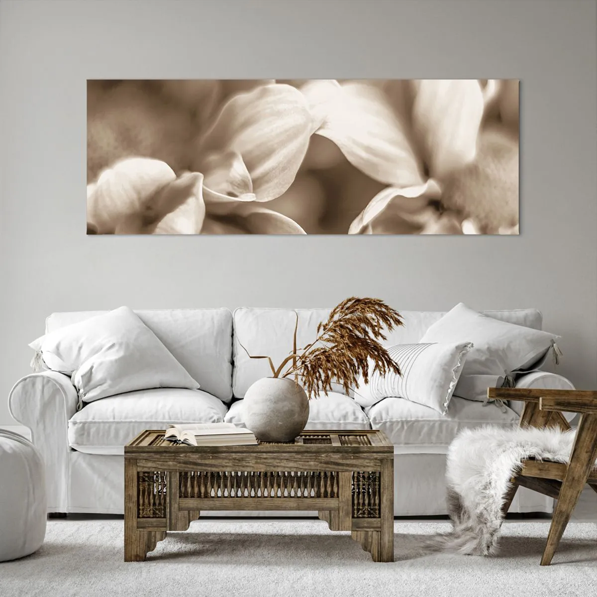Obraz na płótnie - Zbliżenie kwiatów w delikatnej sepii o miękkich konturach - 140x50cm - Łagodne jak uśmiech - Nowoczesna dekoracja ścienna do salonu i sypialni ARTTOR