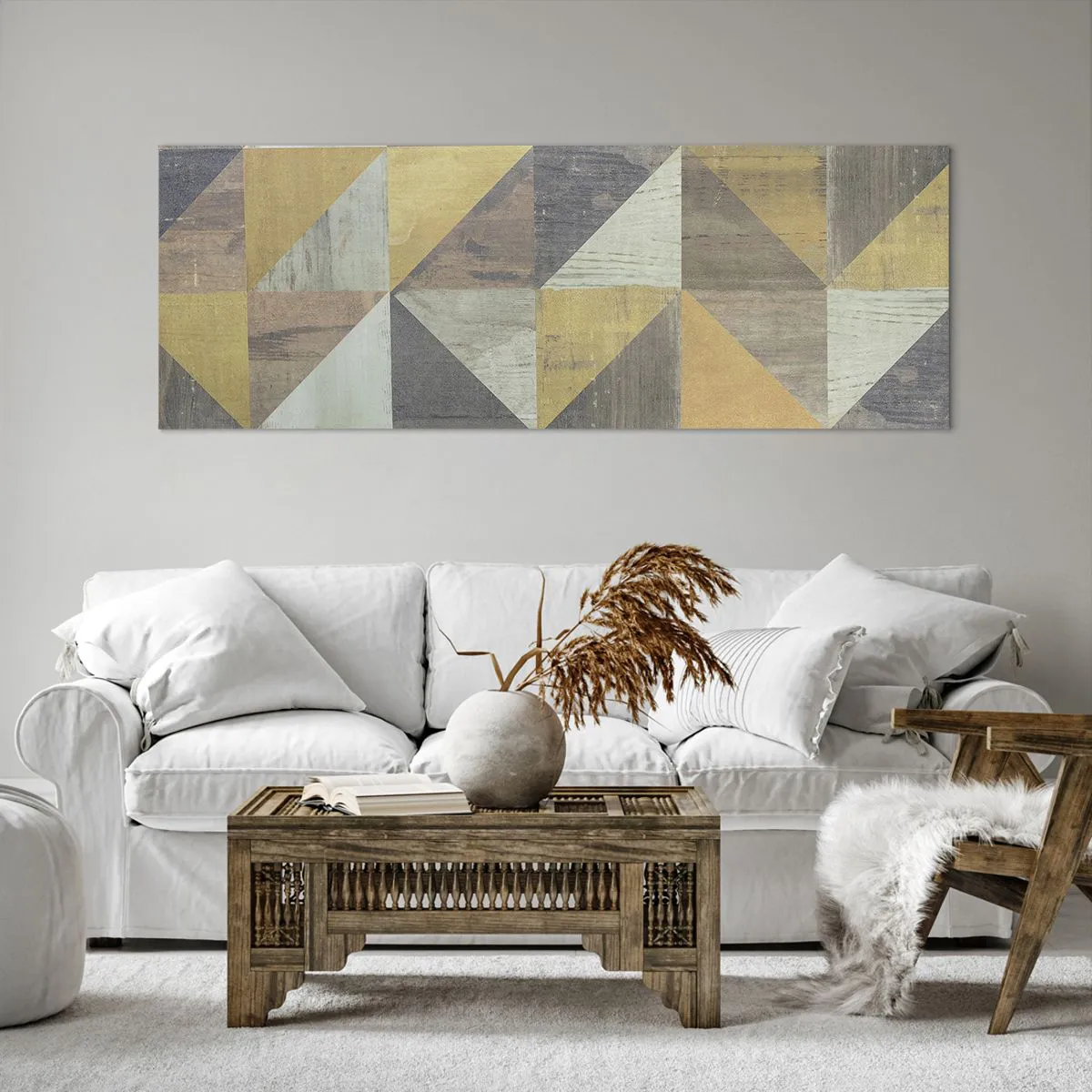 Obraz na płótnie - Geometryczna kompozycja trójkątów w odcieniach ziemi - 140x50cm - Pod kątem trójkąta - Nowoczesna dekoracja ścienna do salonu i sypialni ARTTOR